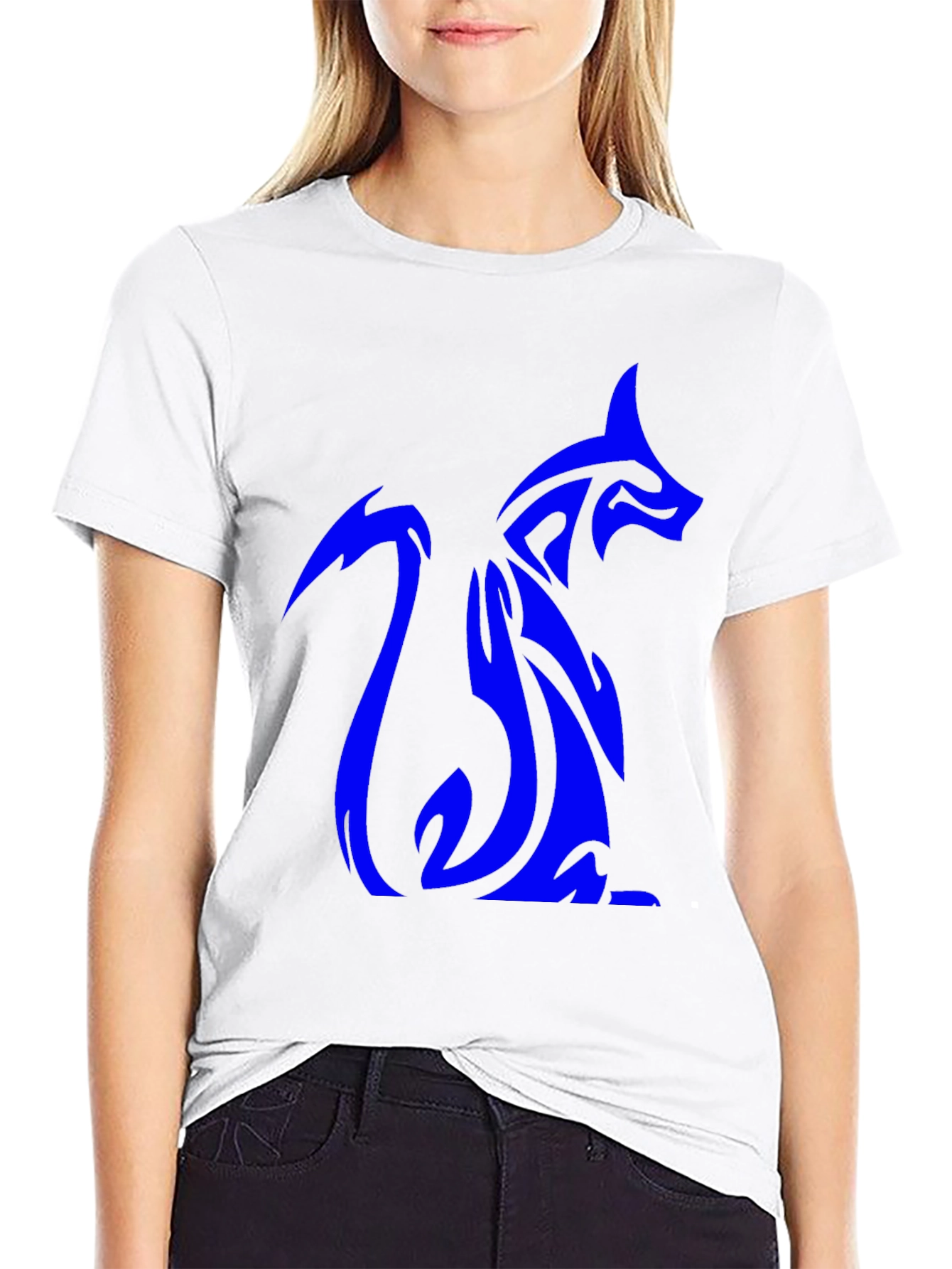 Tribal Blue Fox Design Black T-Shirt