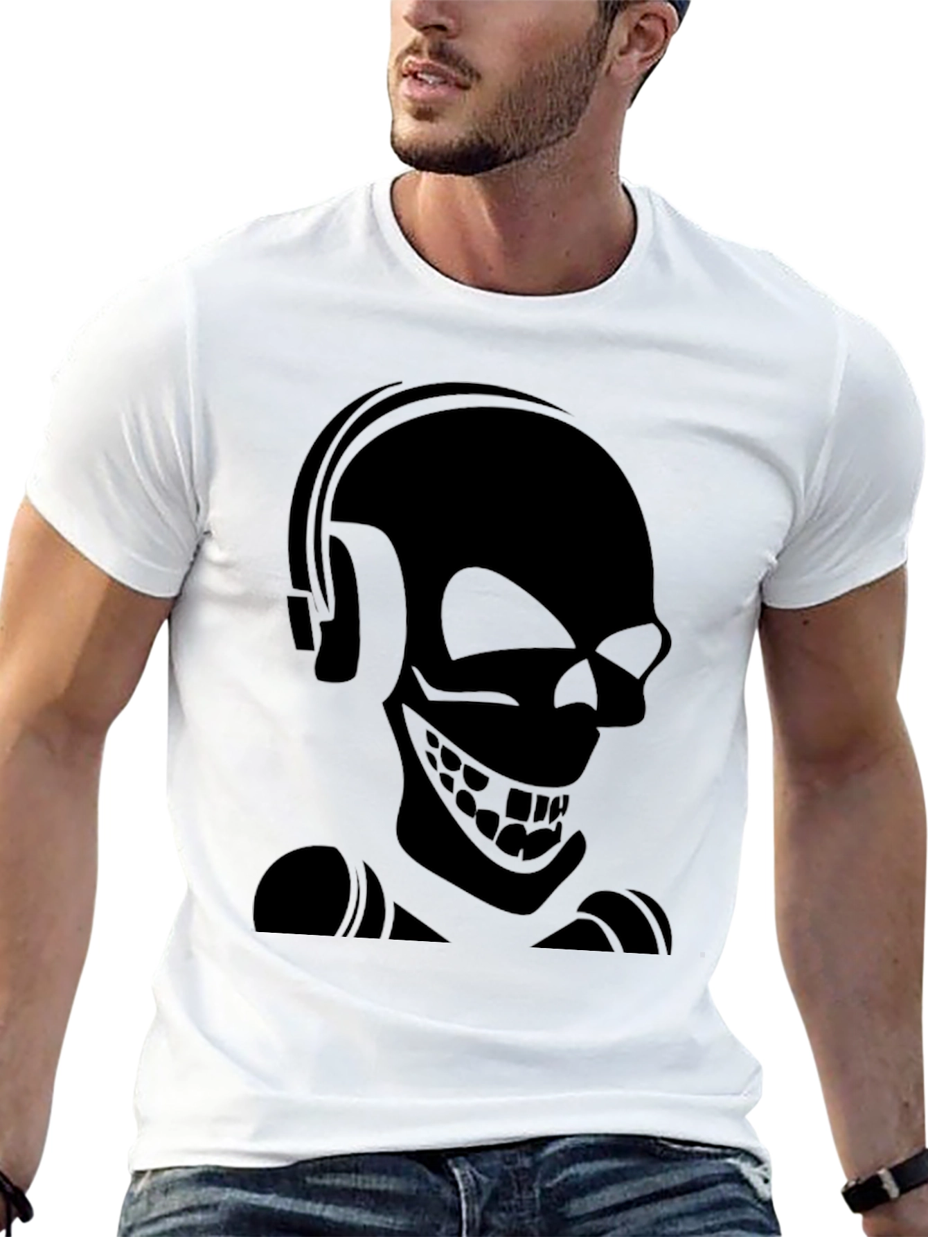 Skull with Headphones Black Graphic Tee