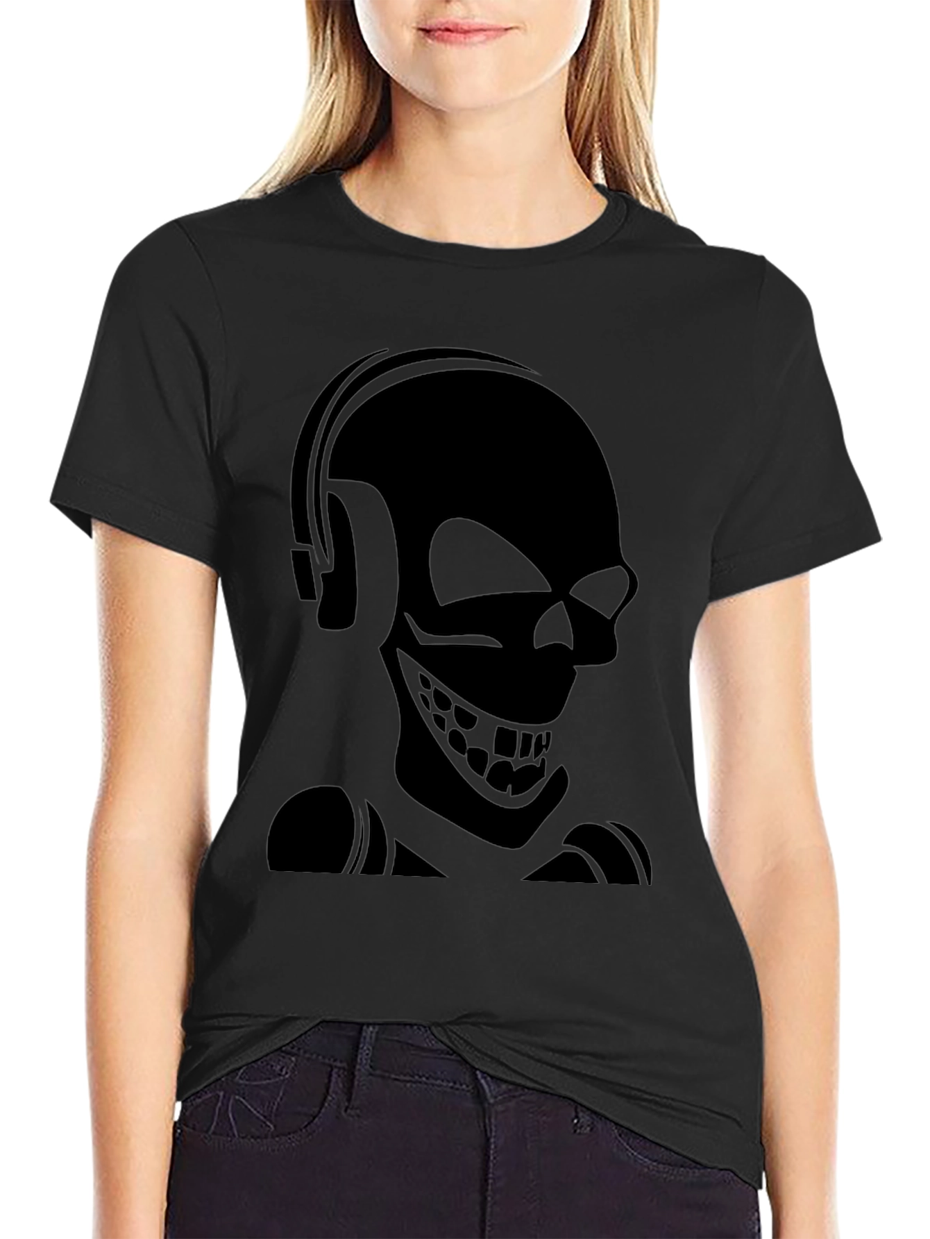 Skull with Headphones Black Graphic Tee