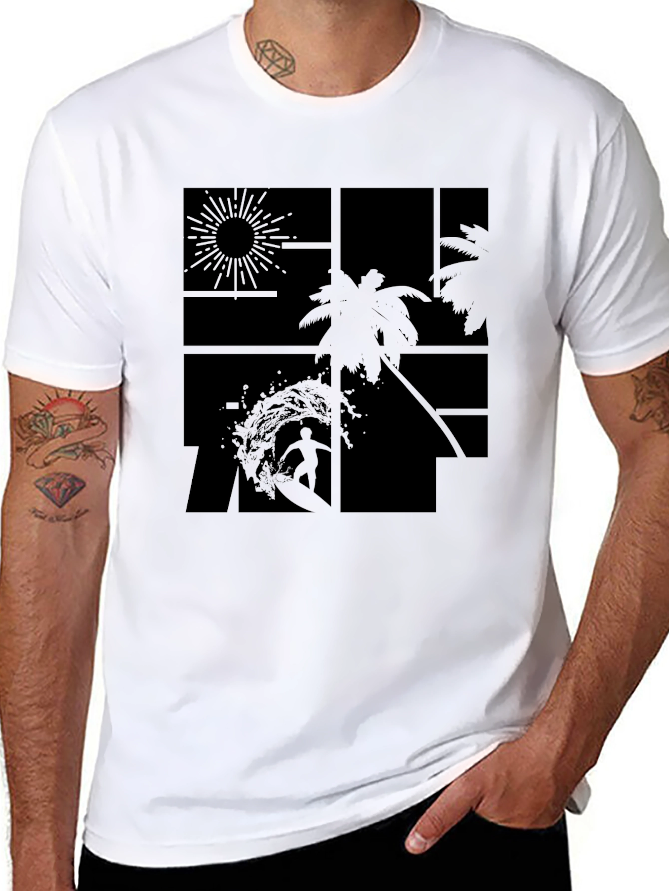 Tropical Surf Design Black T-Shirt