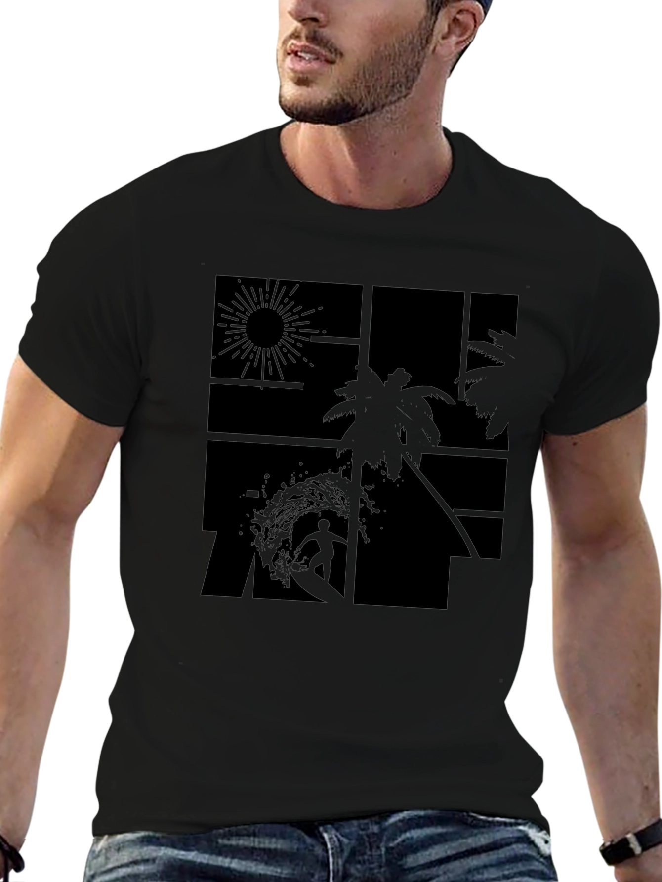 Tropical Surf Design Black T-Shirt