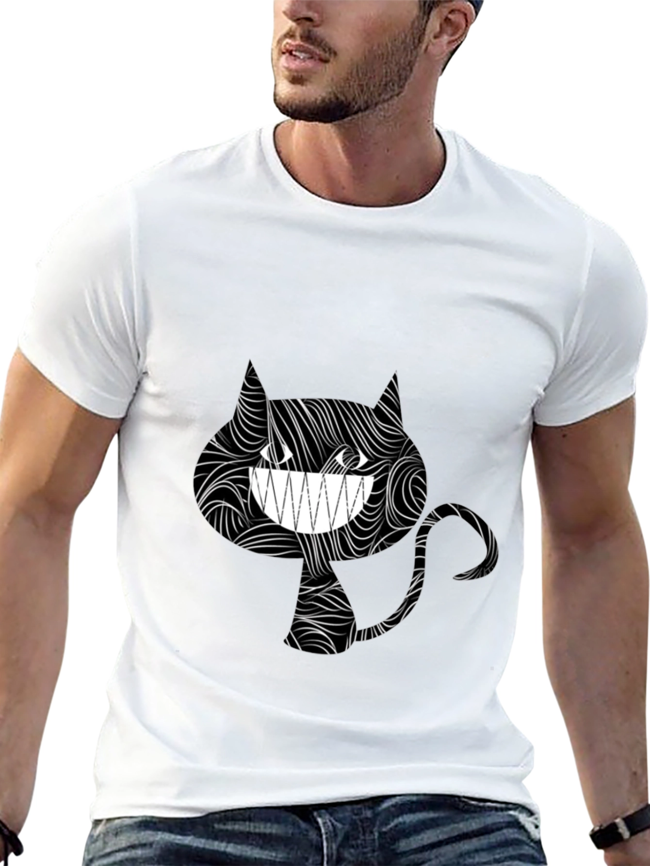 Grinning Cat Tee - Stylish Black Graphic T-Shirt