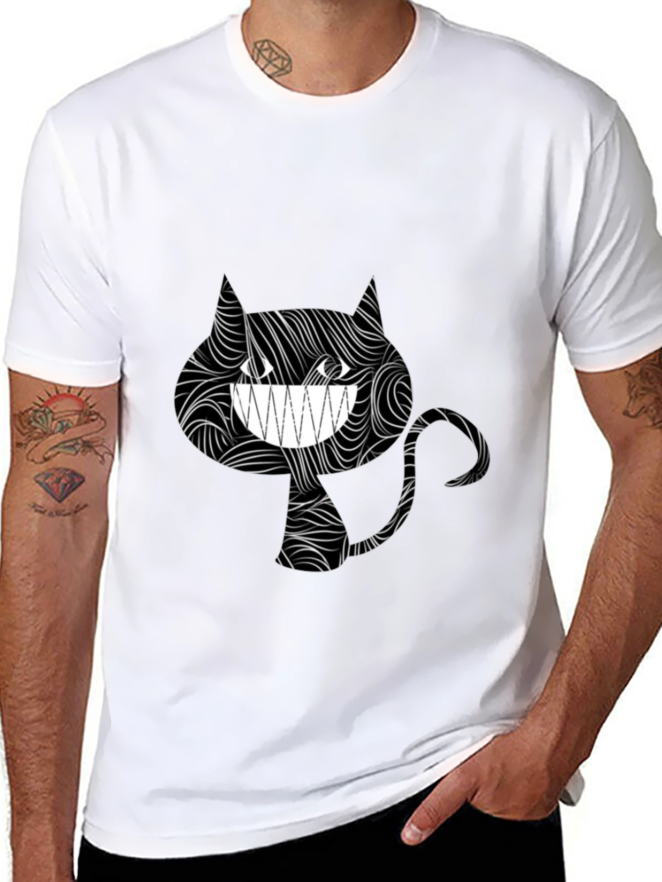 Grinning Cat Tee - Stylish Black Graphic T-Shirt