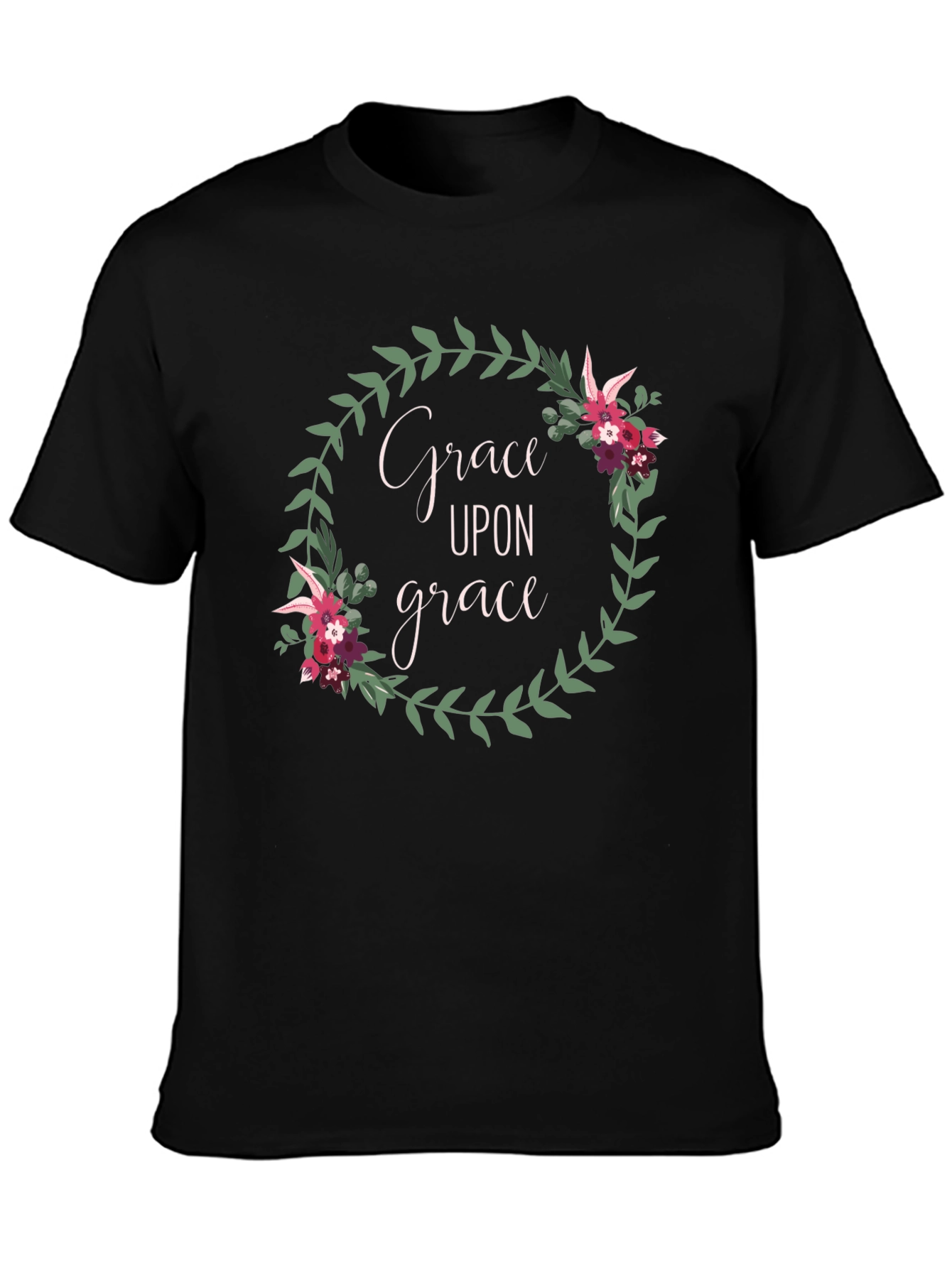 Grace Upon Grace Floral Wreath Black T-Shirt