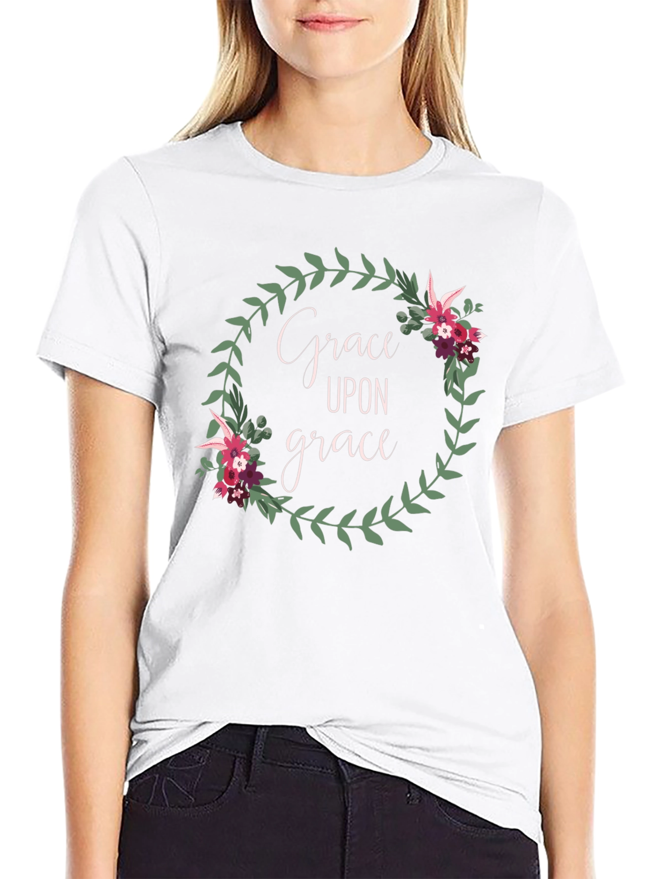 Grace Upon Grace Floral Wreath Black T-Shirt