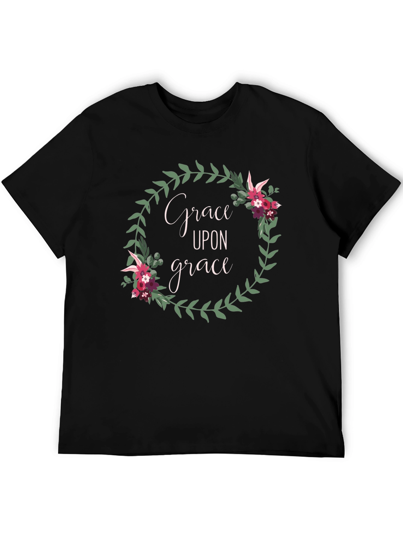Grace Upon Grace Floral Wreath Black T-Shirt