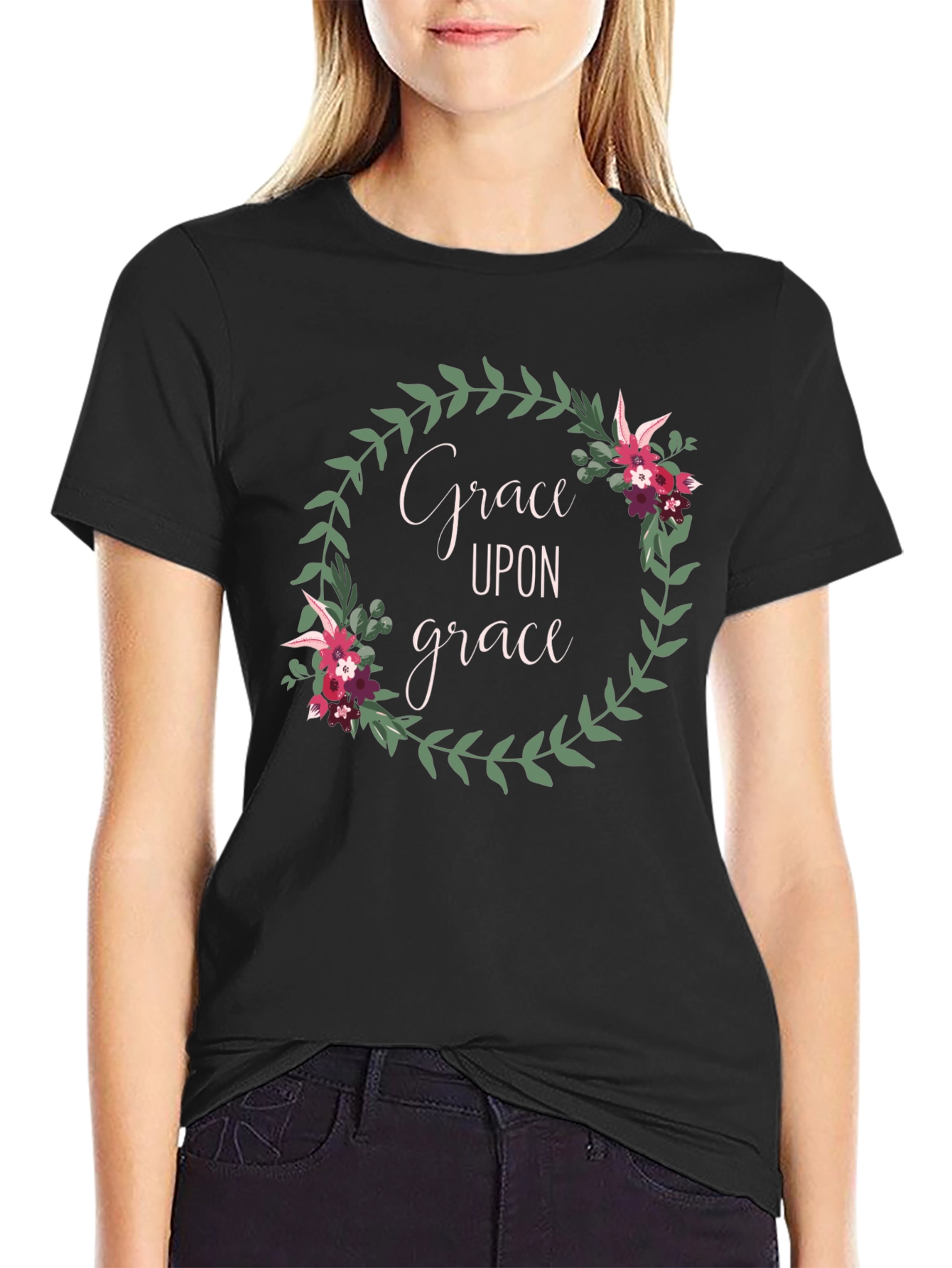 Grace Upon Grace Floral Wreath Black T-Shirt