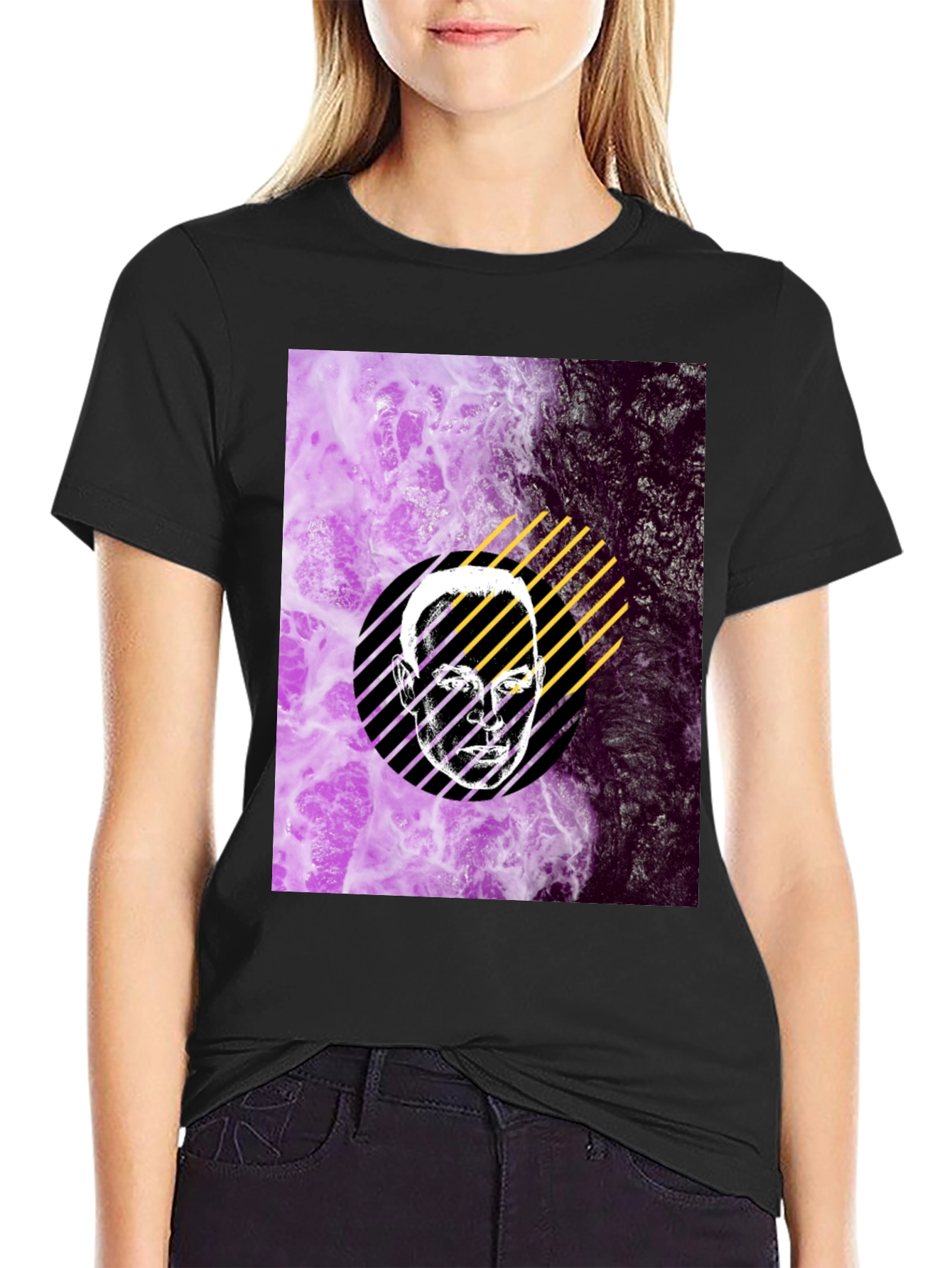 Abstract Face Graphic Print Black T-Shirt