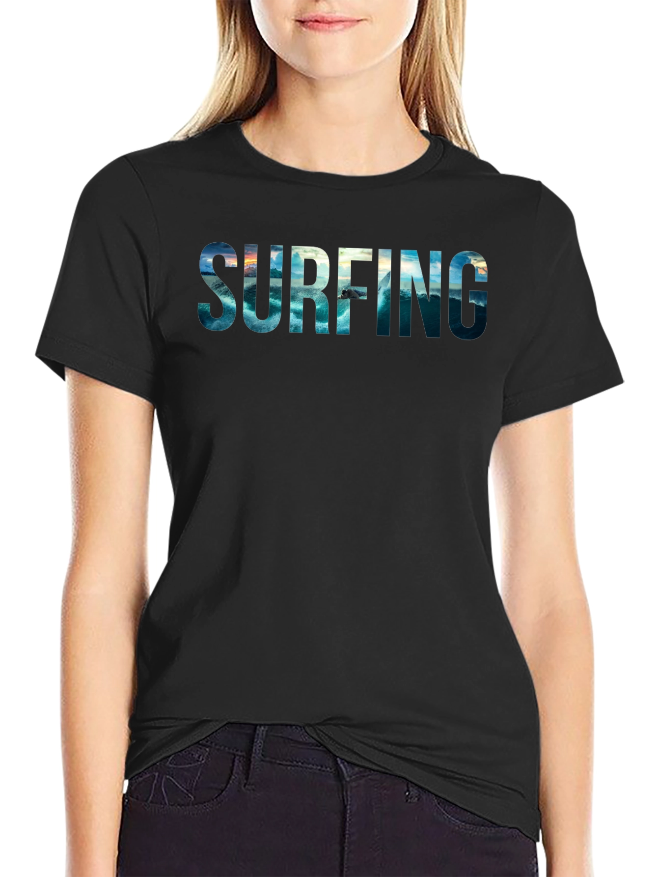 Surfing Ocean Graphic Black Tee - Cool Summer Style