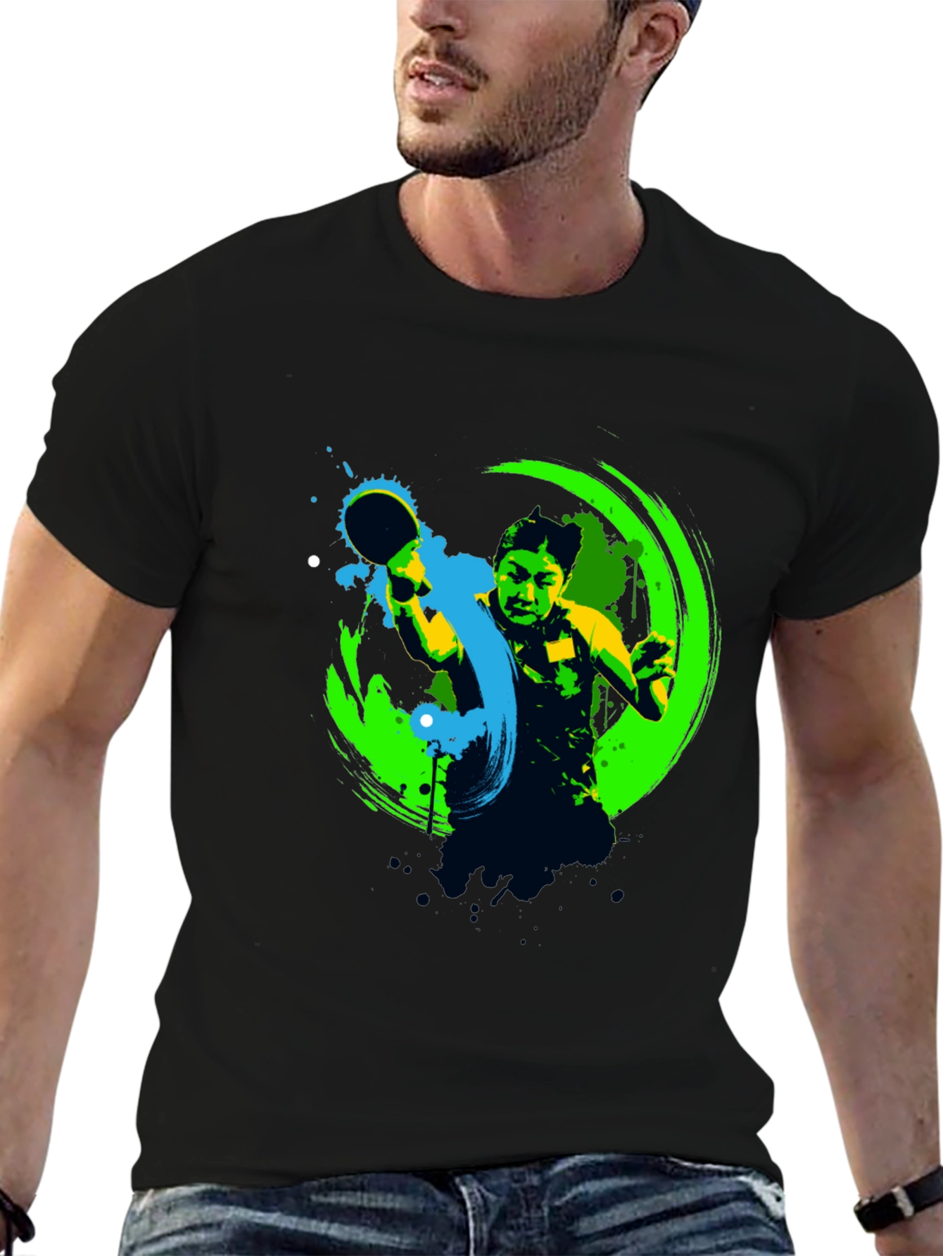 Ping Pong Player Graphic Black T-Shirt