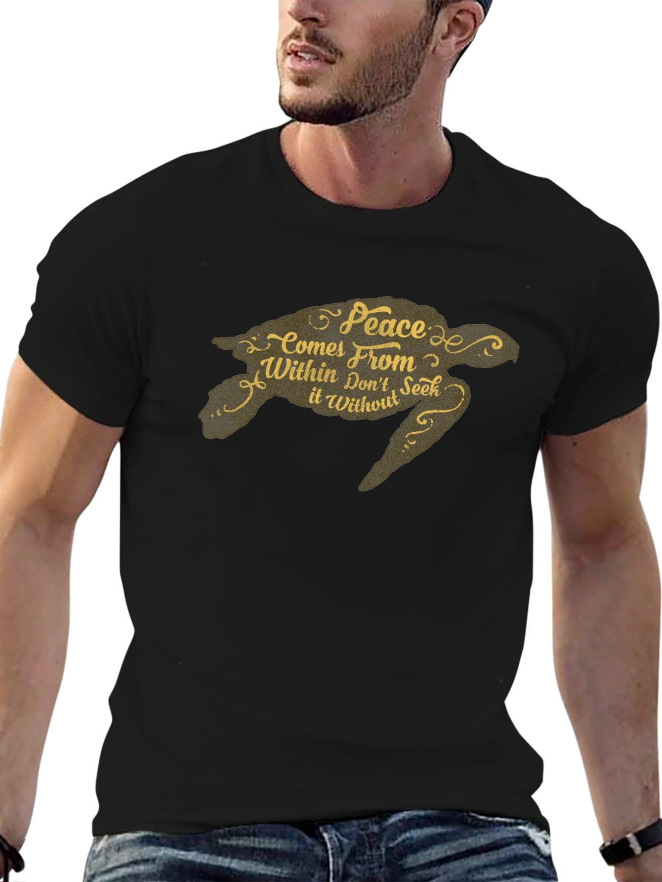 Peace Turtle Graphic Tee - Black Crew Neck T-Shirt