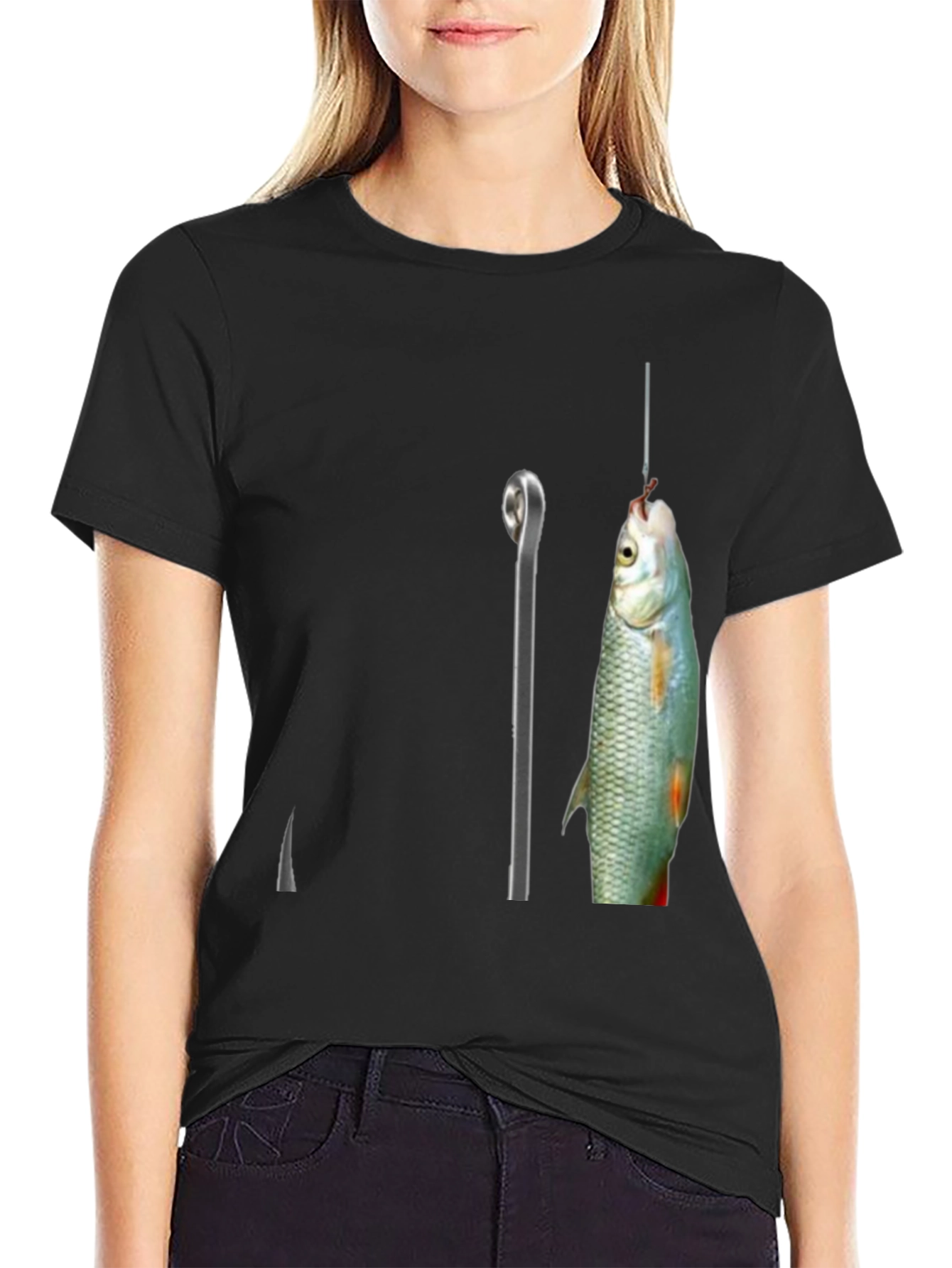 Fishing Hook Graphic Tee - Black Cotton Blend T-Shirt