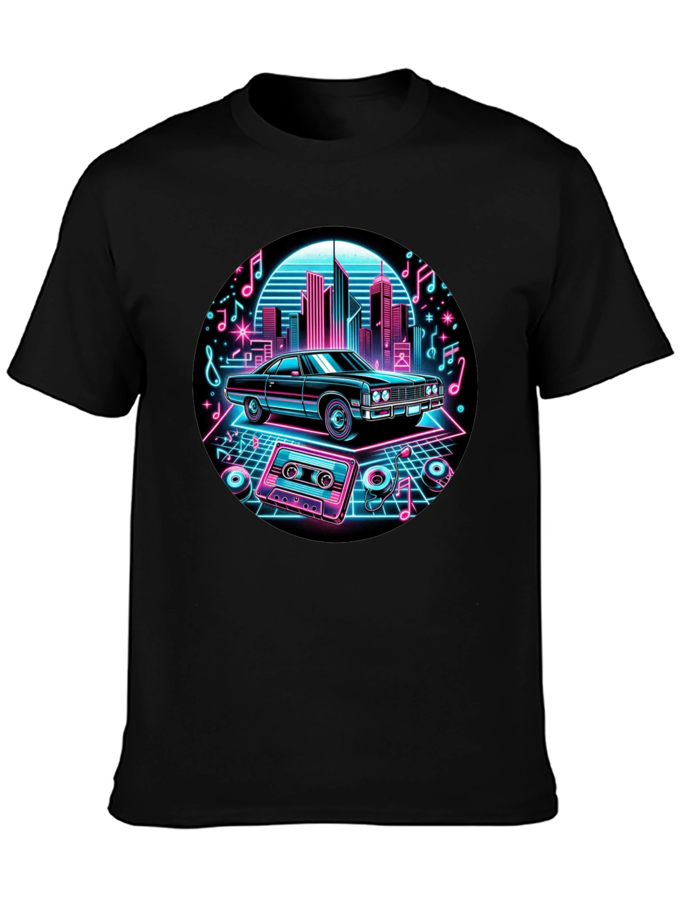 Retro Car T-Shirt - Neon Cityscape Design