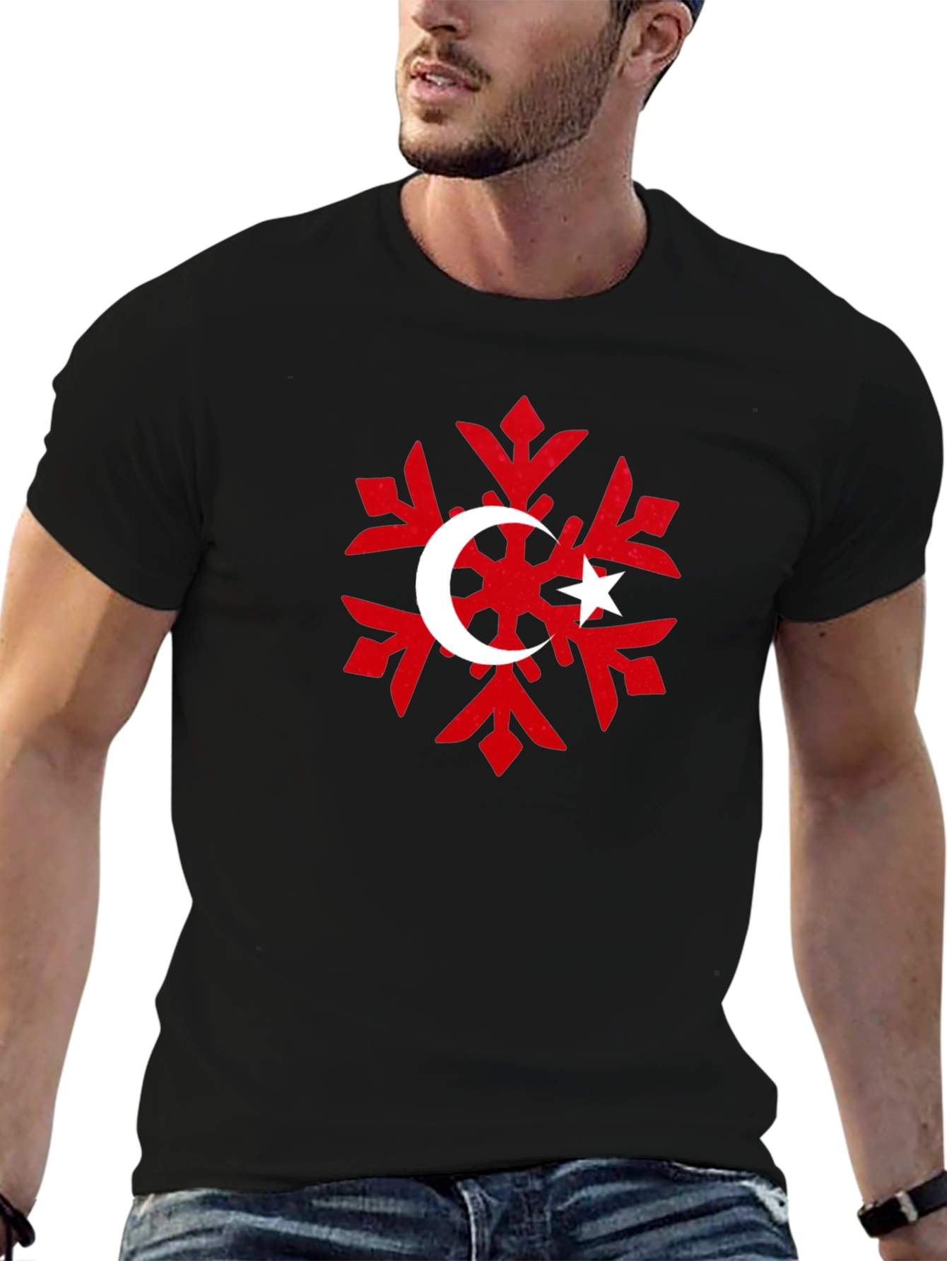 Turkish Flag Snowflake Black T-Shirt