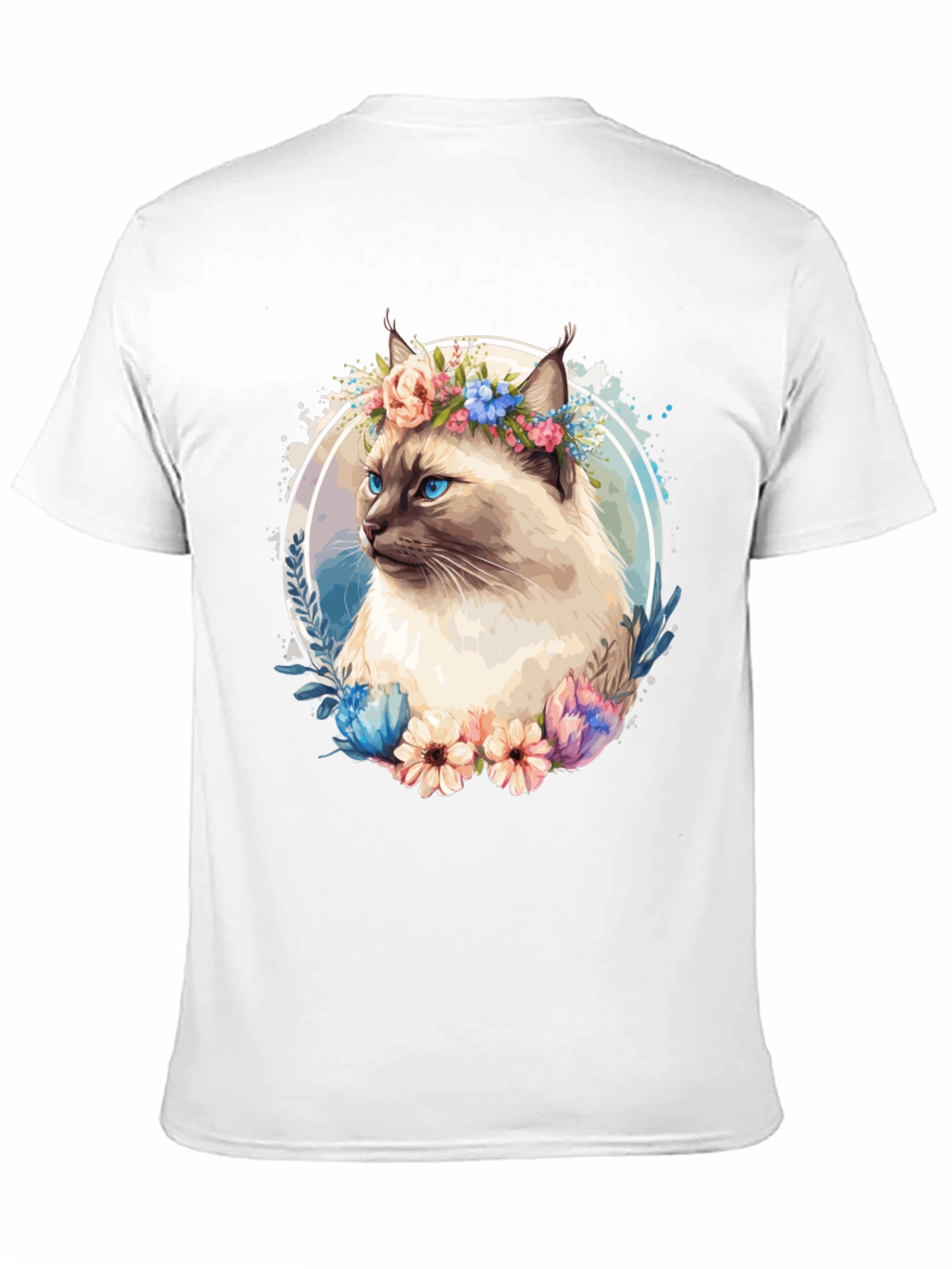 Cat with Flowers Black T-Shirt