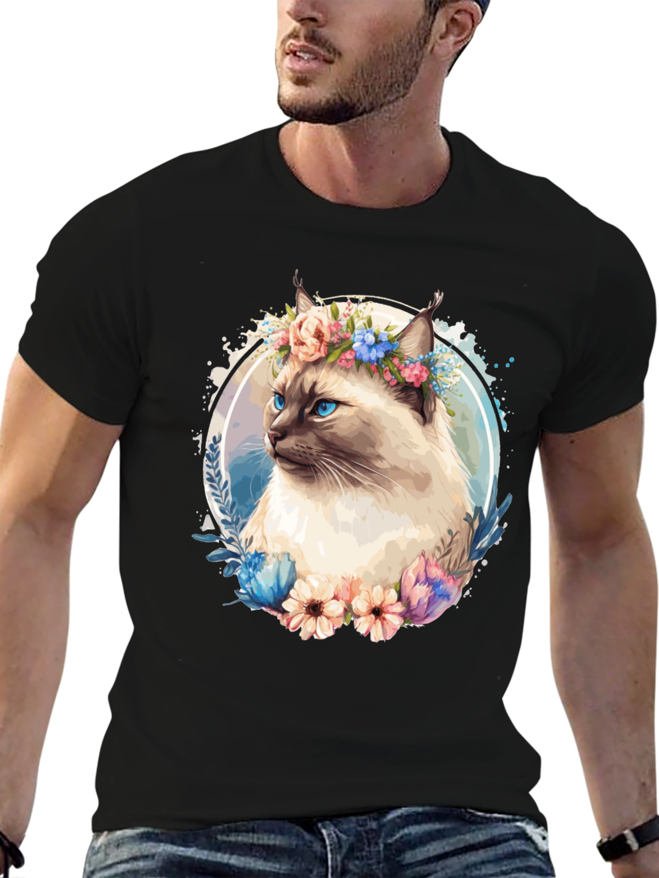 Cat with Flowers Black T-Shirt
