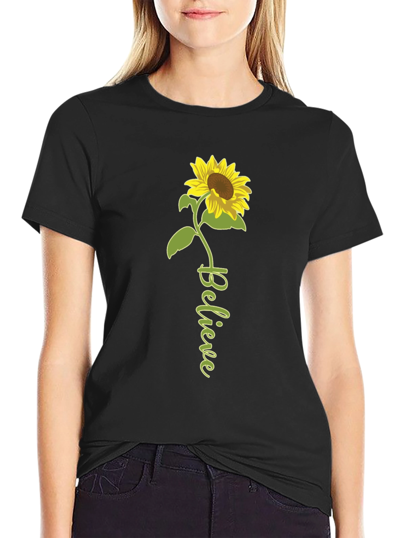 Believe Sunflower Graphic Tee - Black