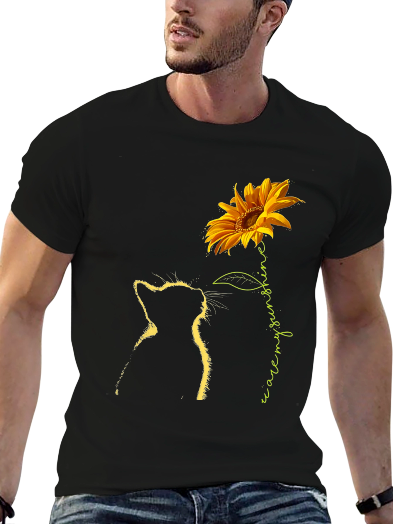 Cat & Sunflower Graphic Tee - Black