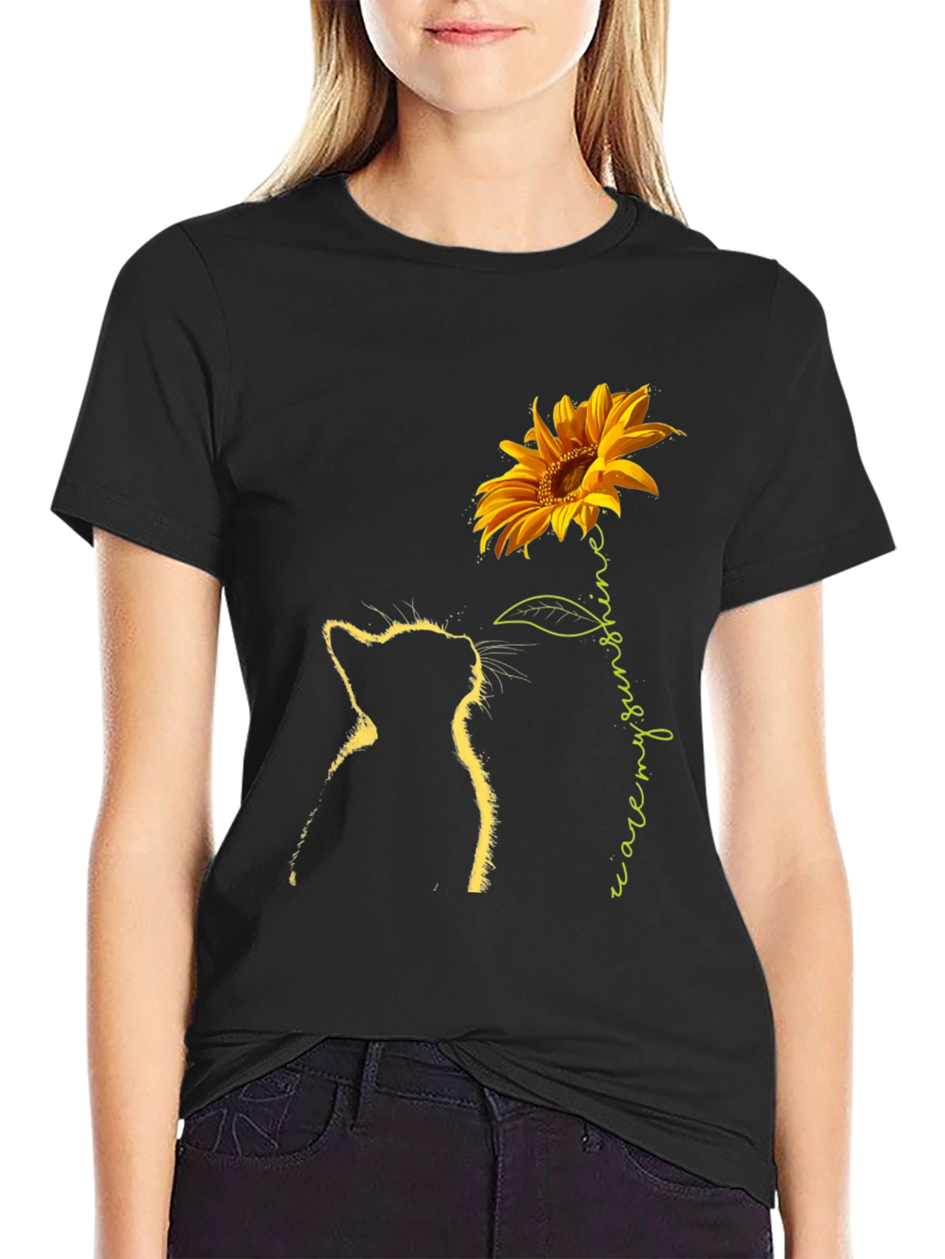 Cat & Sunflower Graphic Tee - Black