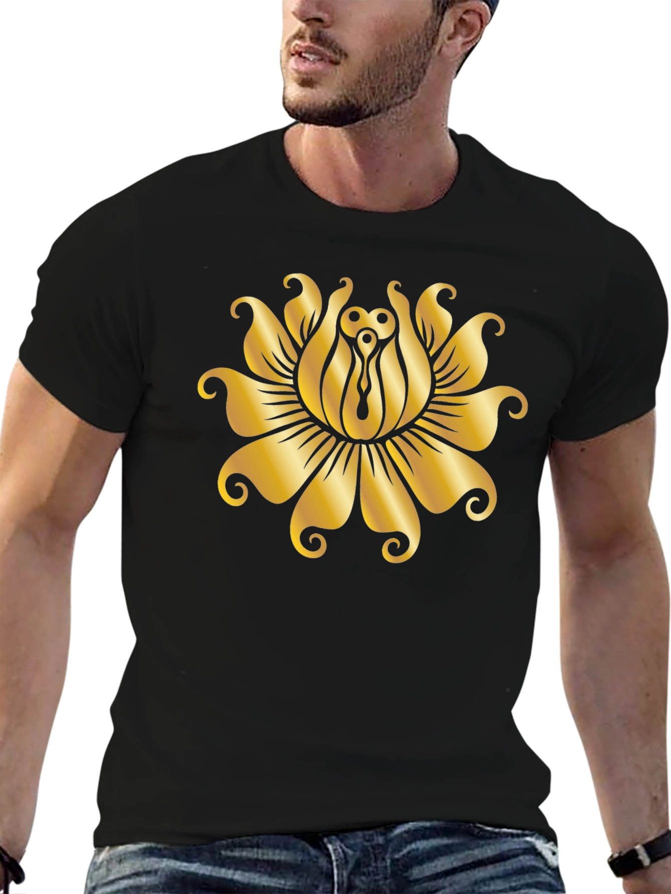 Golden Lotus Black T-Shirt - Unique Design