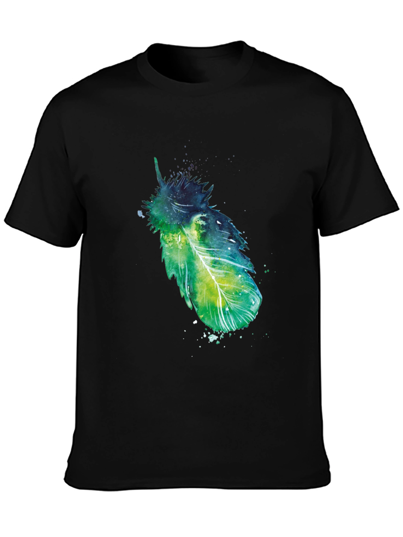 Artistic Feather Print Black T-Shirt