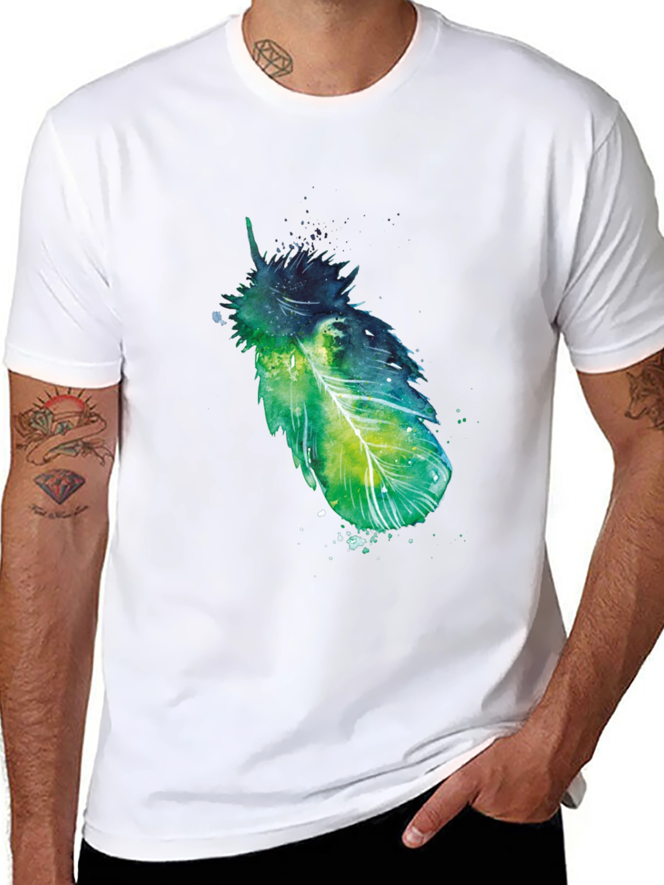 Artistic Feather Print Black T-Shirt
