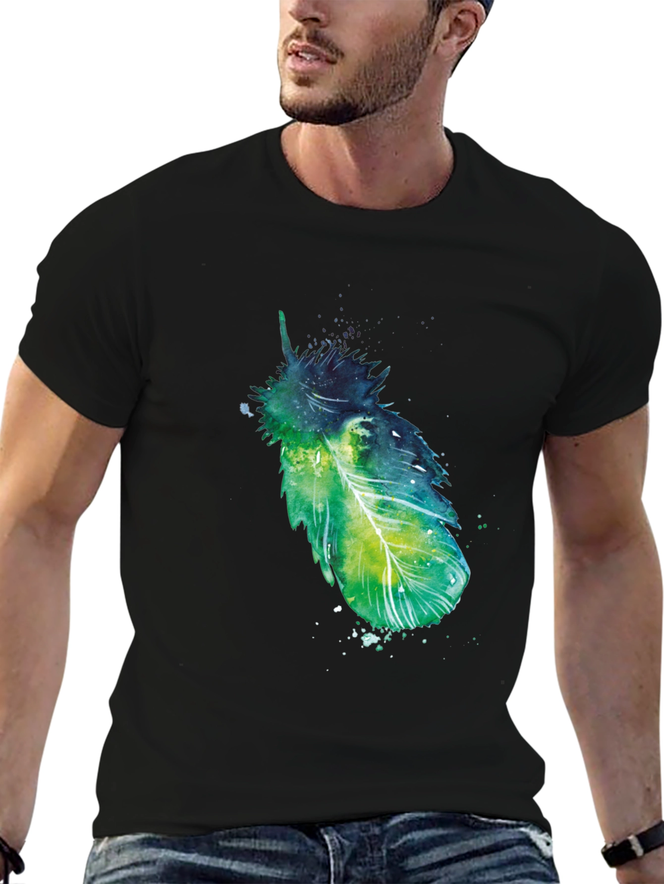 Artistic Feather Print Black T-Shirt