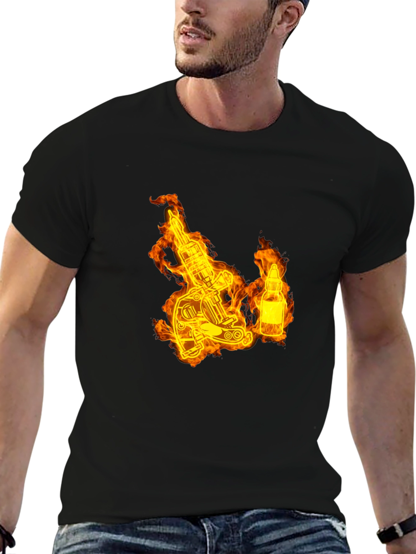 Flaming Tattoo Machine Graphic Tee - Black Cotton T-Shirt