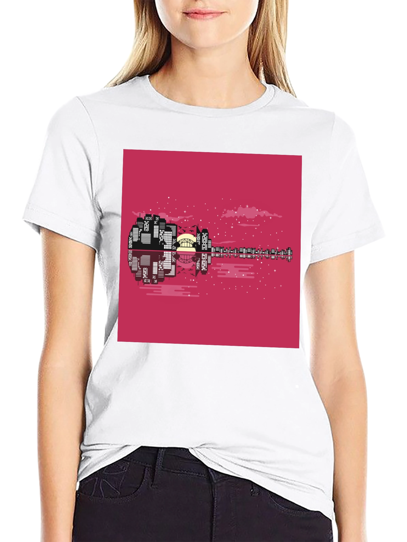 Cityscape Guitar Graphic Tee - Black Cotton Blend