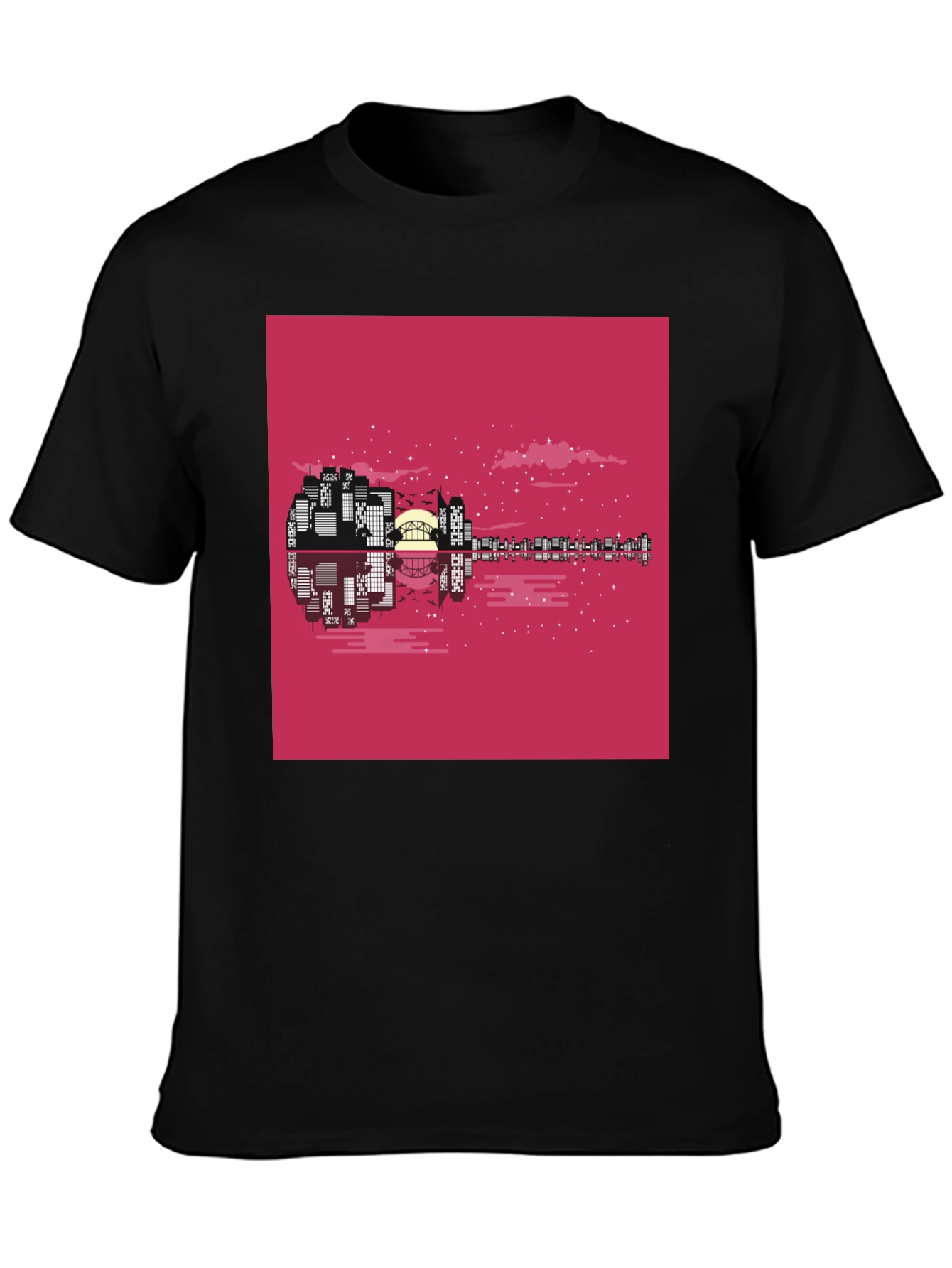Cityscape Guitar Graphic Tee - Black Cotton Blend