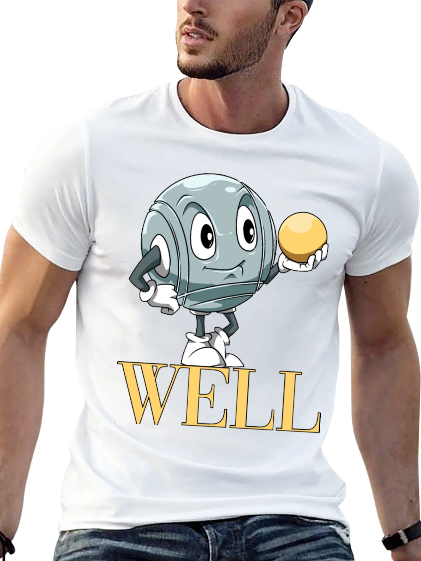 Well T-Shirt with Boules Cartoon Design - Black
