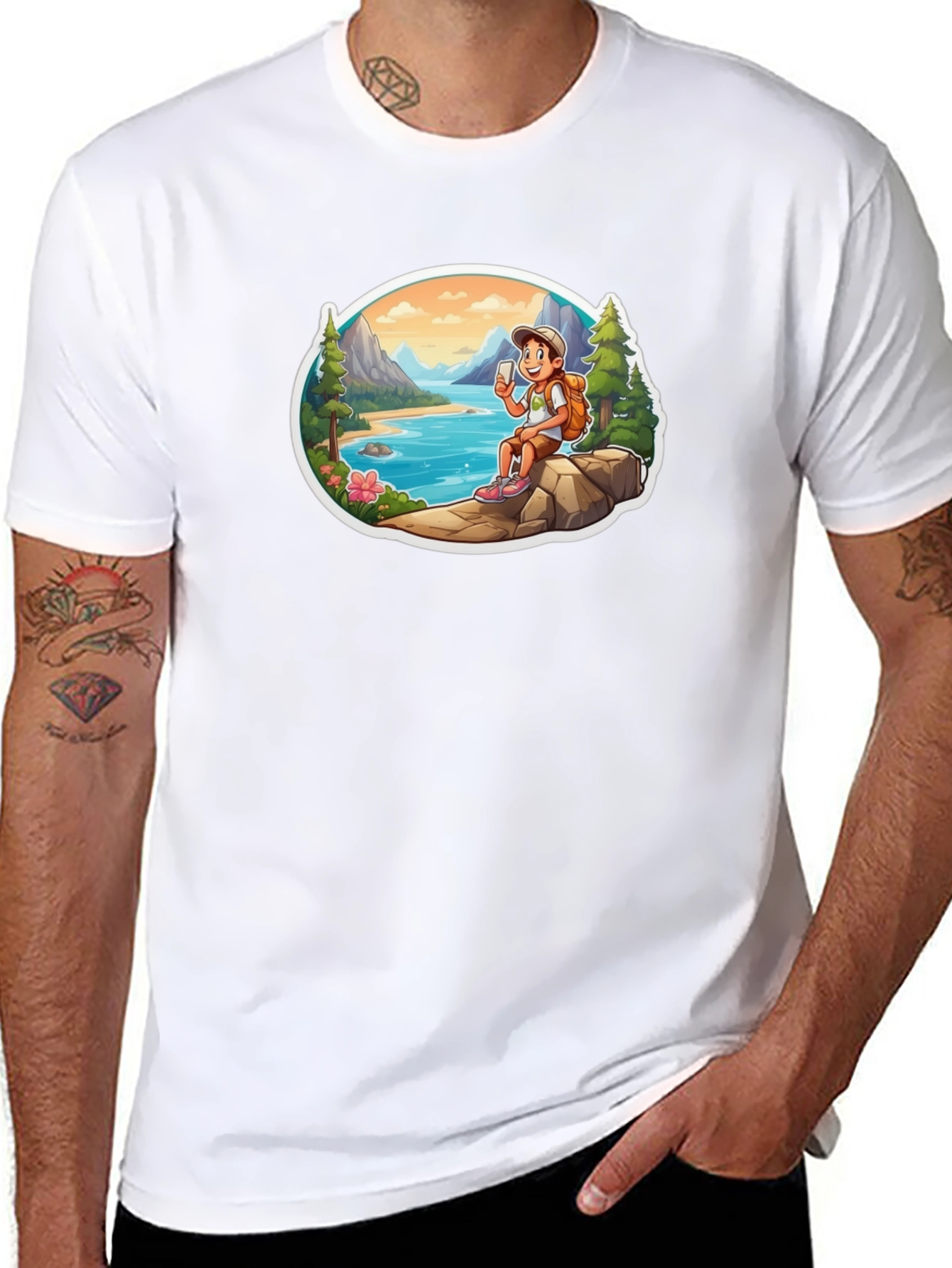 Cartoon Hiker Graphic Tee - Black T-Shirt