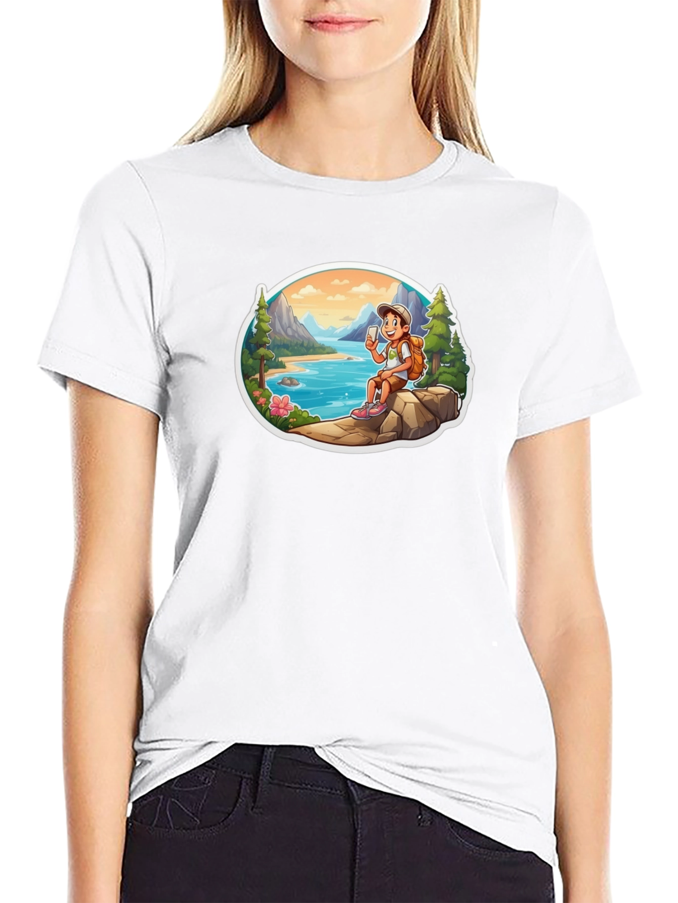 Cartoon Hiker Graphic Tee - Black T-Shirt