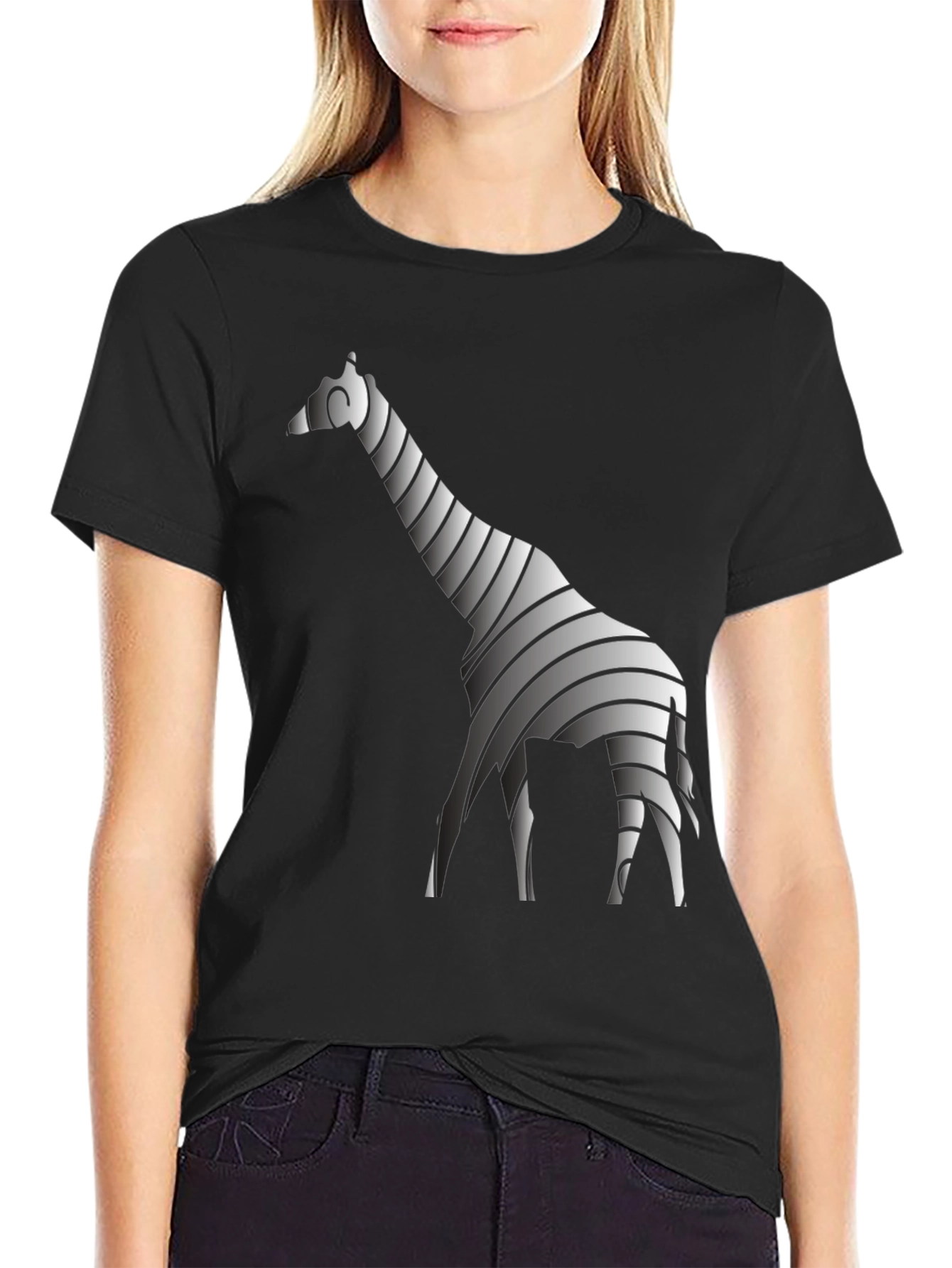 Stylish Striped Giraffe Graphic Tee - Black