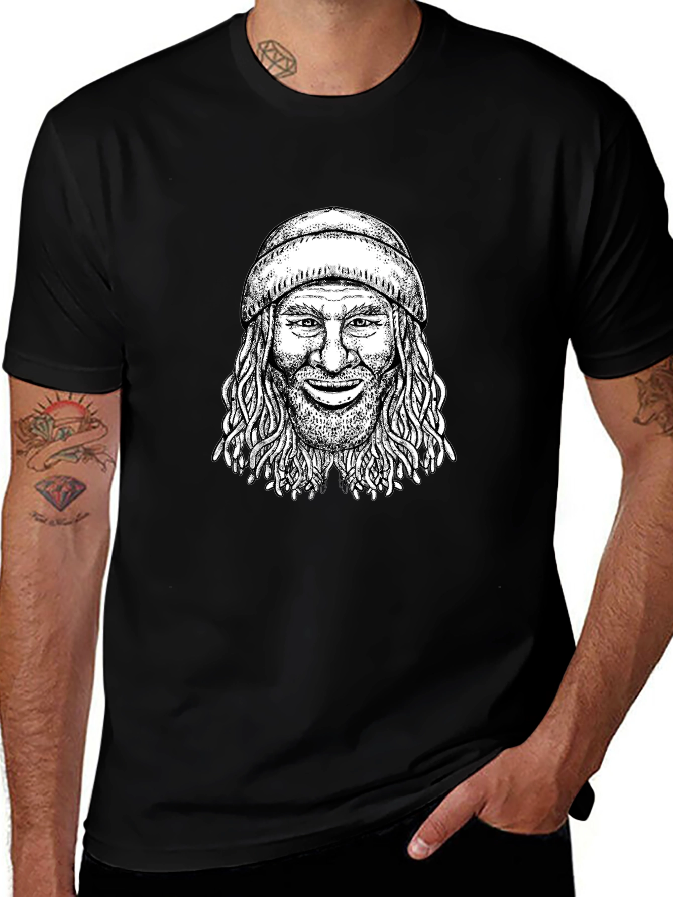 Cool Graphic Tee - Man with Beanie Black T-Shirt