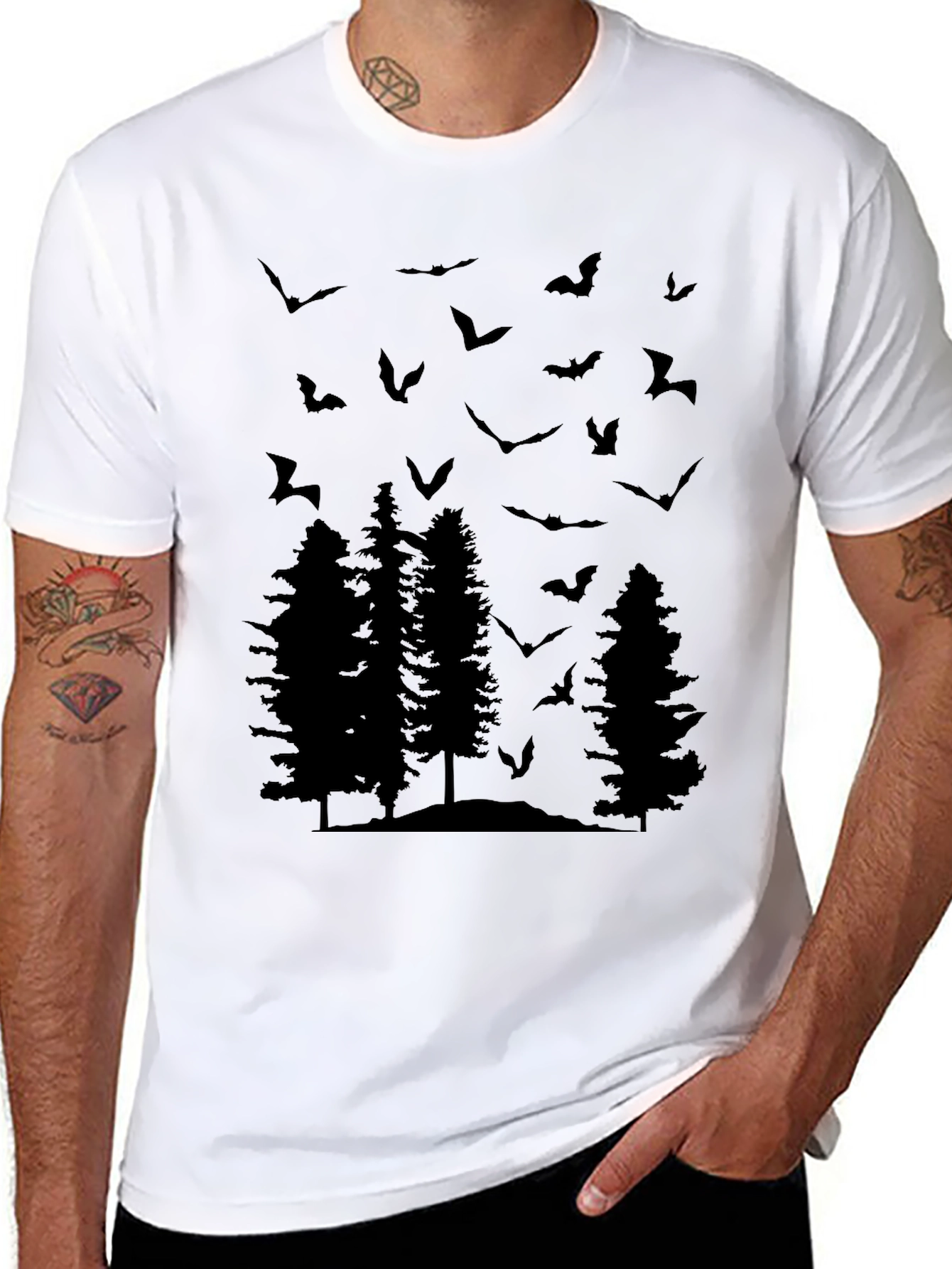 Bats and Trees Graphic Tee - Mens Black T-Shirt