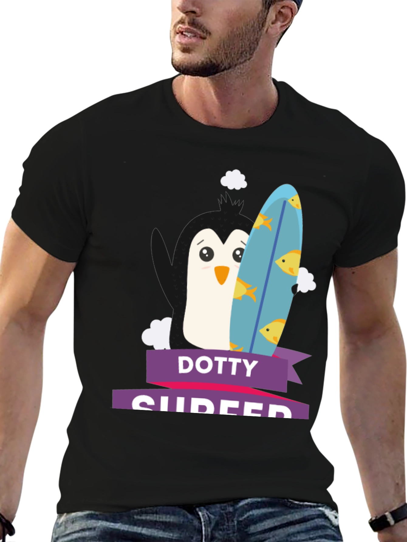 Dotty Surfer T-Shirt - Penguin with Surfboard Tee