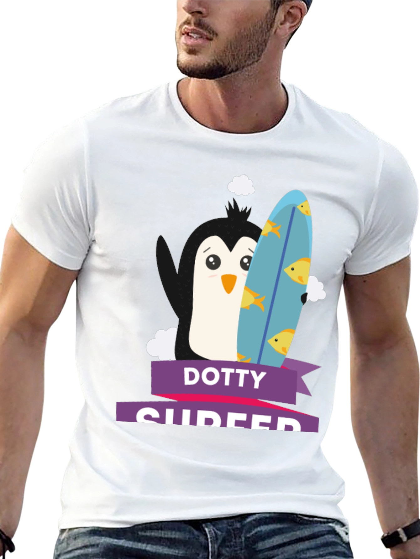Dotty Surfer T-Shirt - Penguin with Surfboard Tee