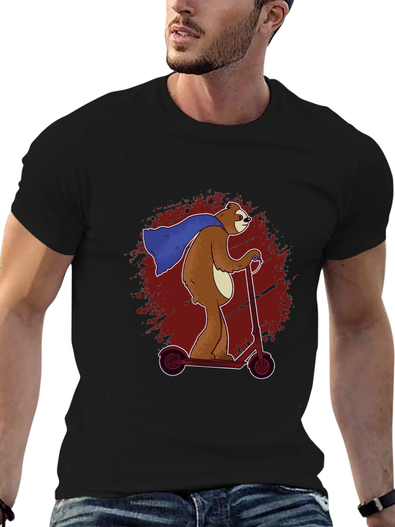 Superhero Sloth Scooter T-Shirt - Funny Sloth Cape Design