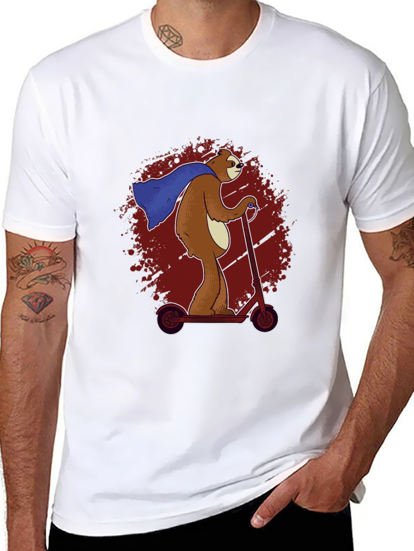 Superhero Sloth Scooter T-Shirt - Funny Sloth Cape Design