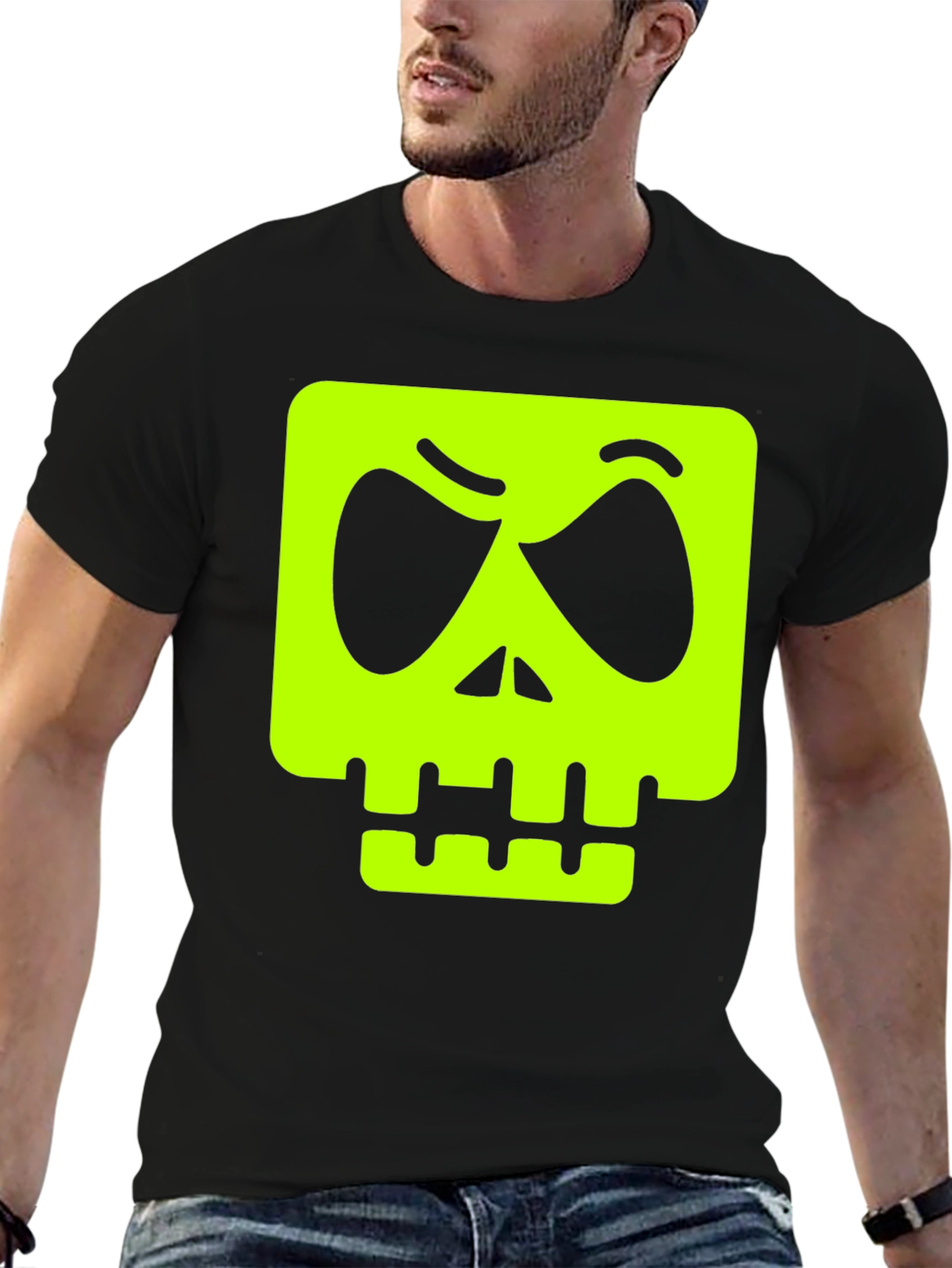Mens Black T-shirt with Neon Green Skull Graphic