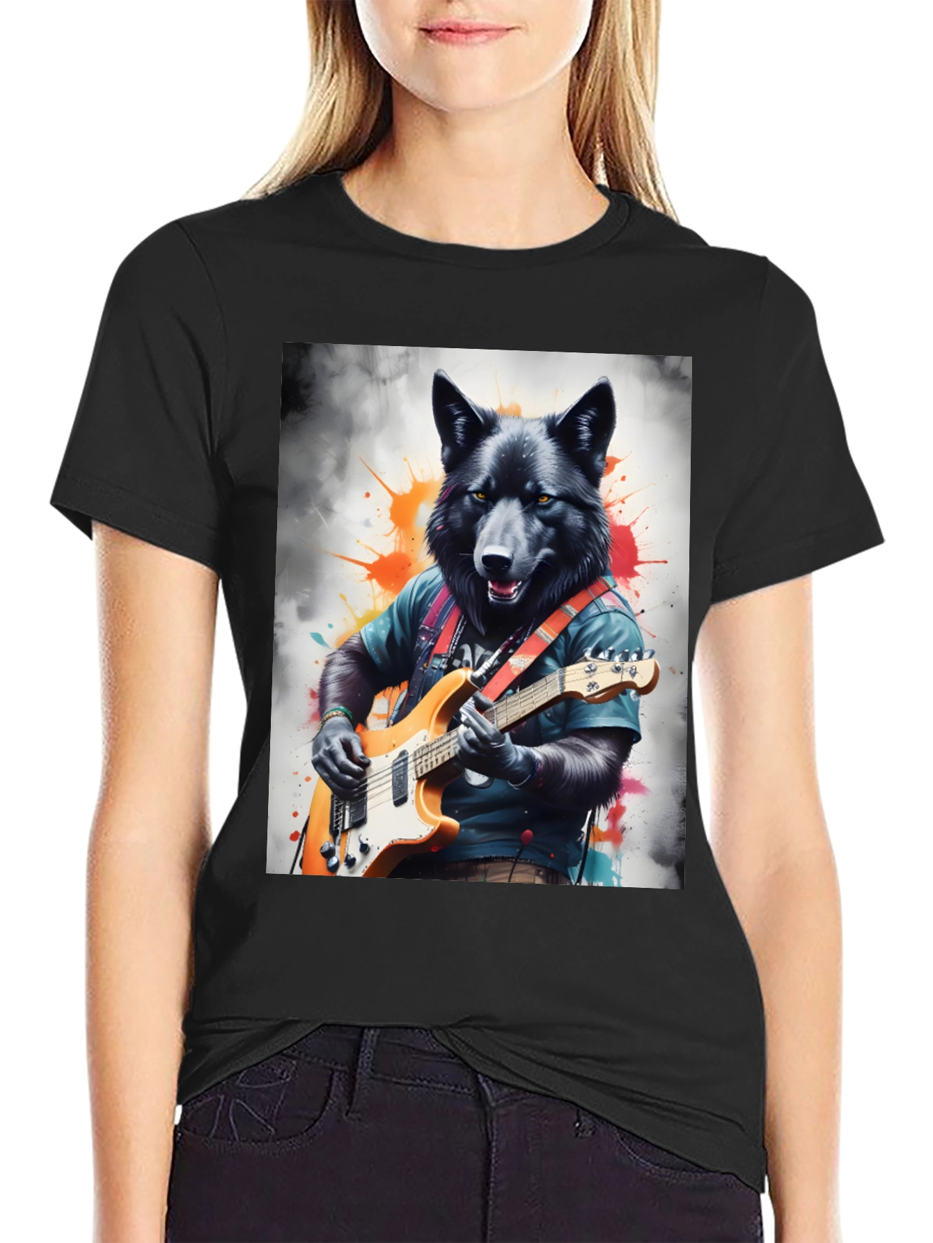 Wolf Guitarist Graphic Tee - Black Unisex T-Shirt