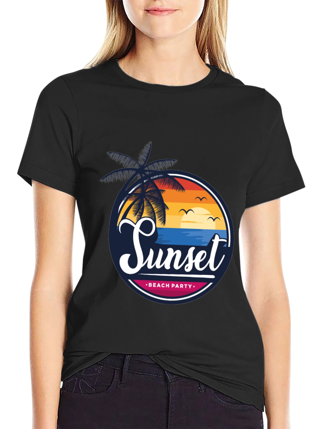 Sunset Beach Party Black Graphic Tee