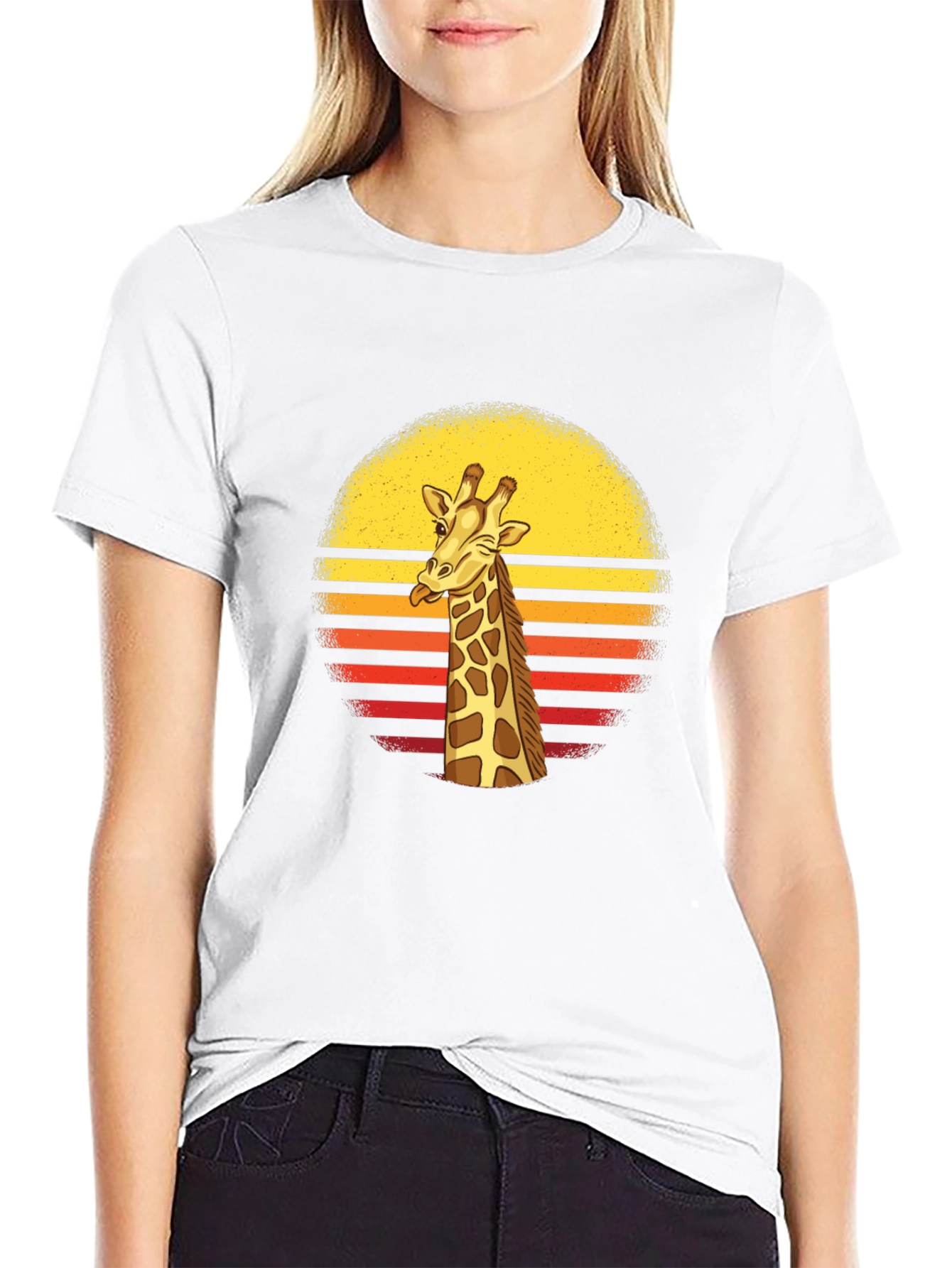Funny Giraffe Retro Sunset Mens Black T-Shirt