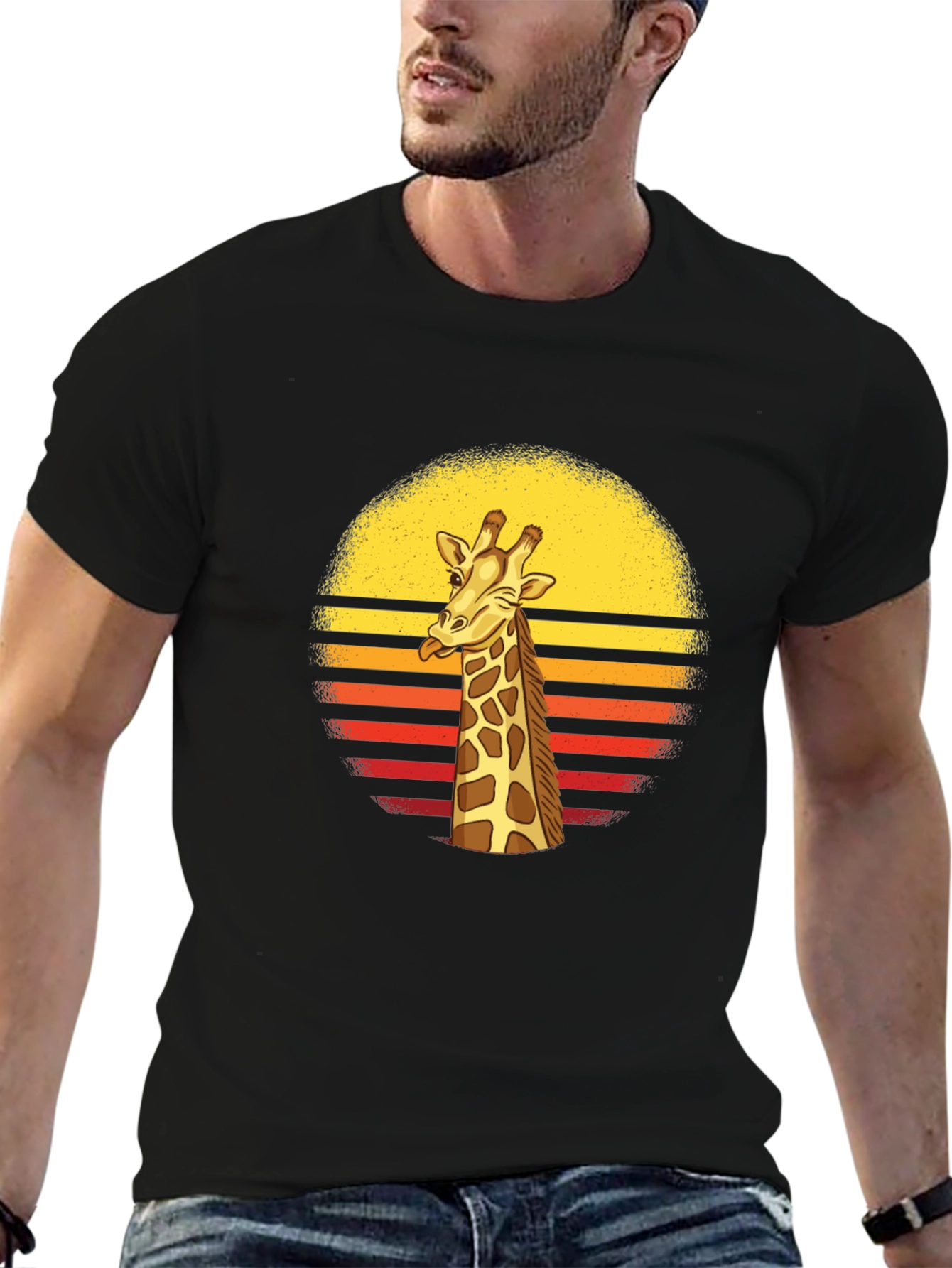 Funny Giraffe Retro Sunset Mens Black T-Shirt