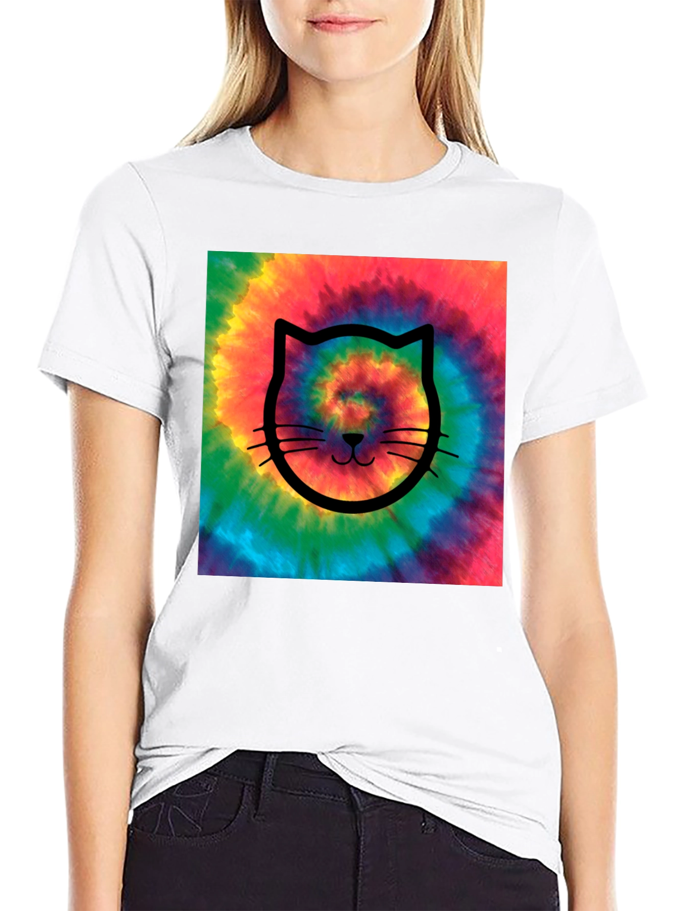 Tie-Dye Cat Graphic Tee - Black Cotton Comfort