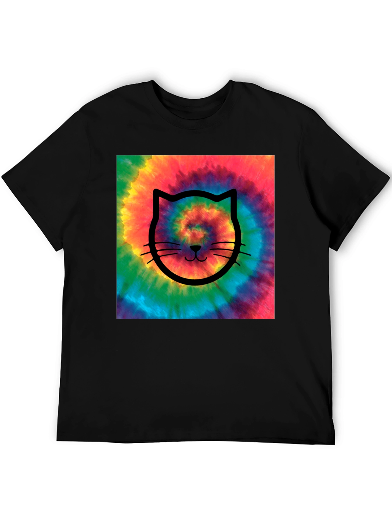 Tie-Dye Cat Graphic Tee - Black Cotton Comfort