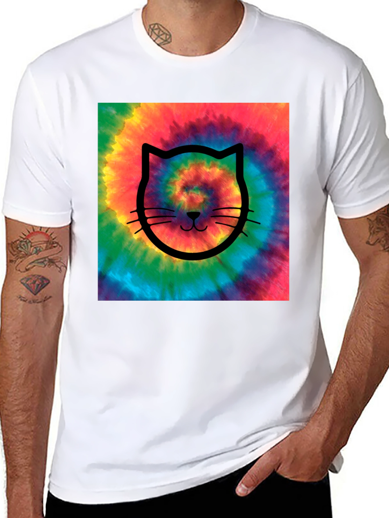 Tie-Dye Cat Graphic Tee - Black Cotton Comfort