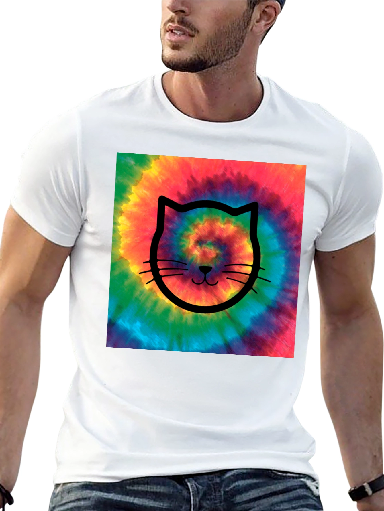 Tie-Dye Cat Graphic Tee - Black Cotton Comfort