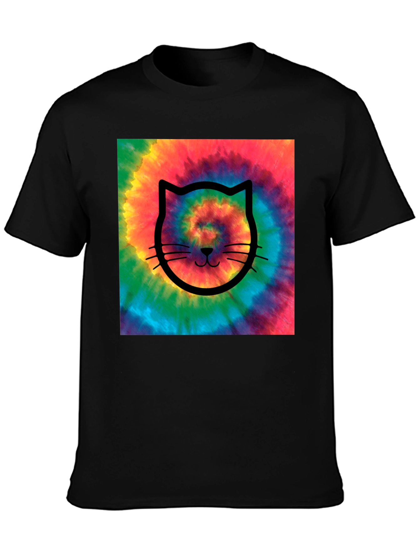 Tie-Dye Cat Graphic Tee - Black Cotton Comfort